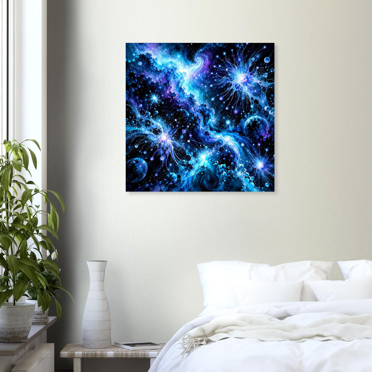 Quadratisches galaktisches Poster mit blauem Sternenmeer und leuchtendem Nebel