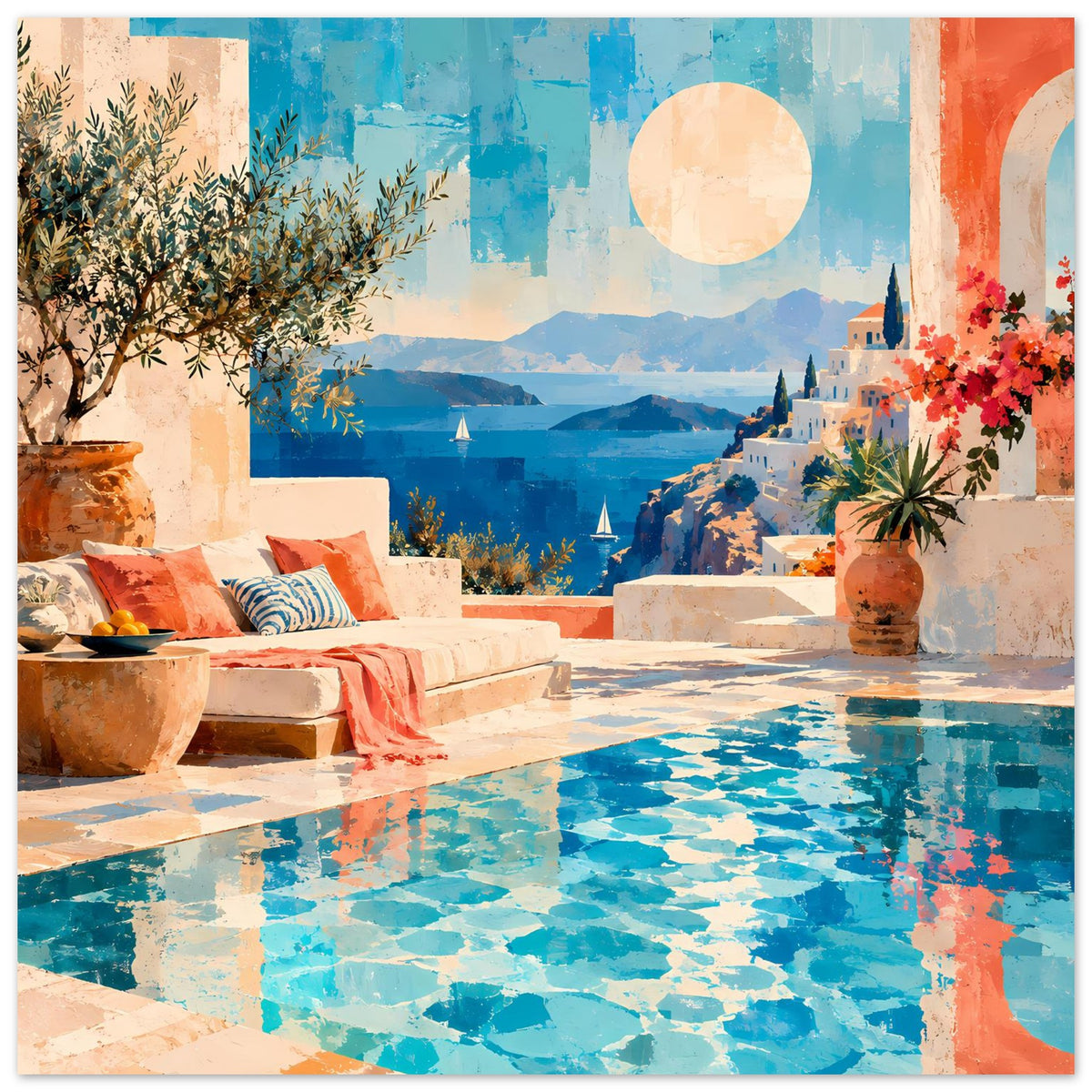 Kunstdruck mit mediterraner Poollandschaft, Liegestühlen, Blumen im Topf und Küstenhäusern