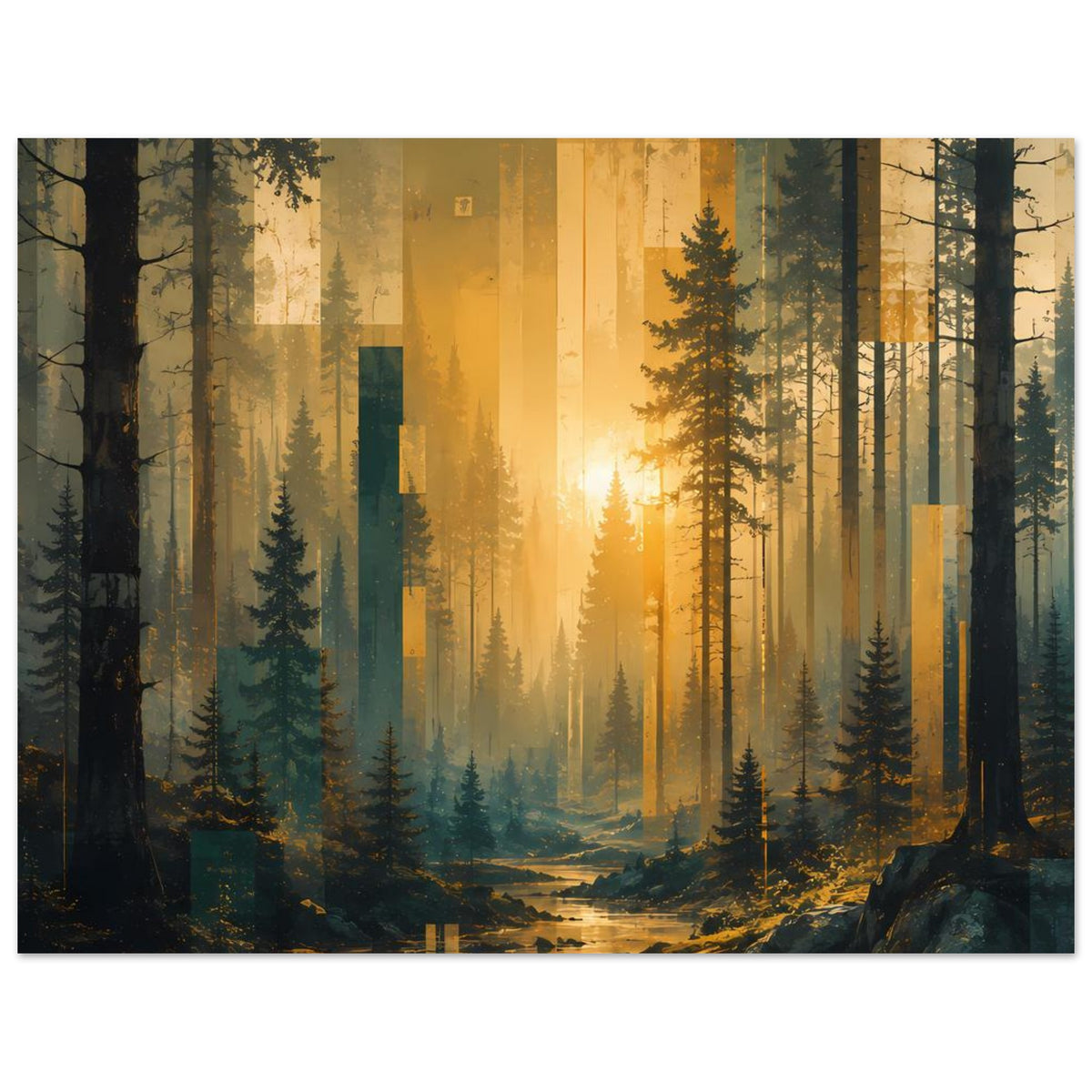 Waldlandschafts-Poster mit Sonnenaufgang, hohen Bäumen, warmem Licht und Wasserlauf