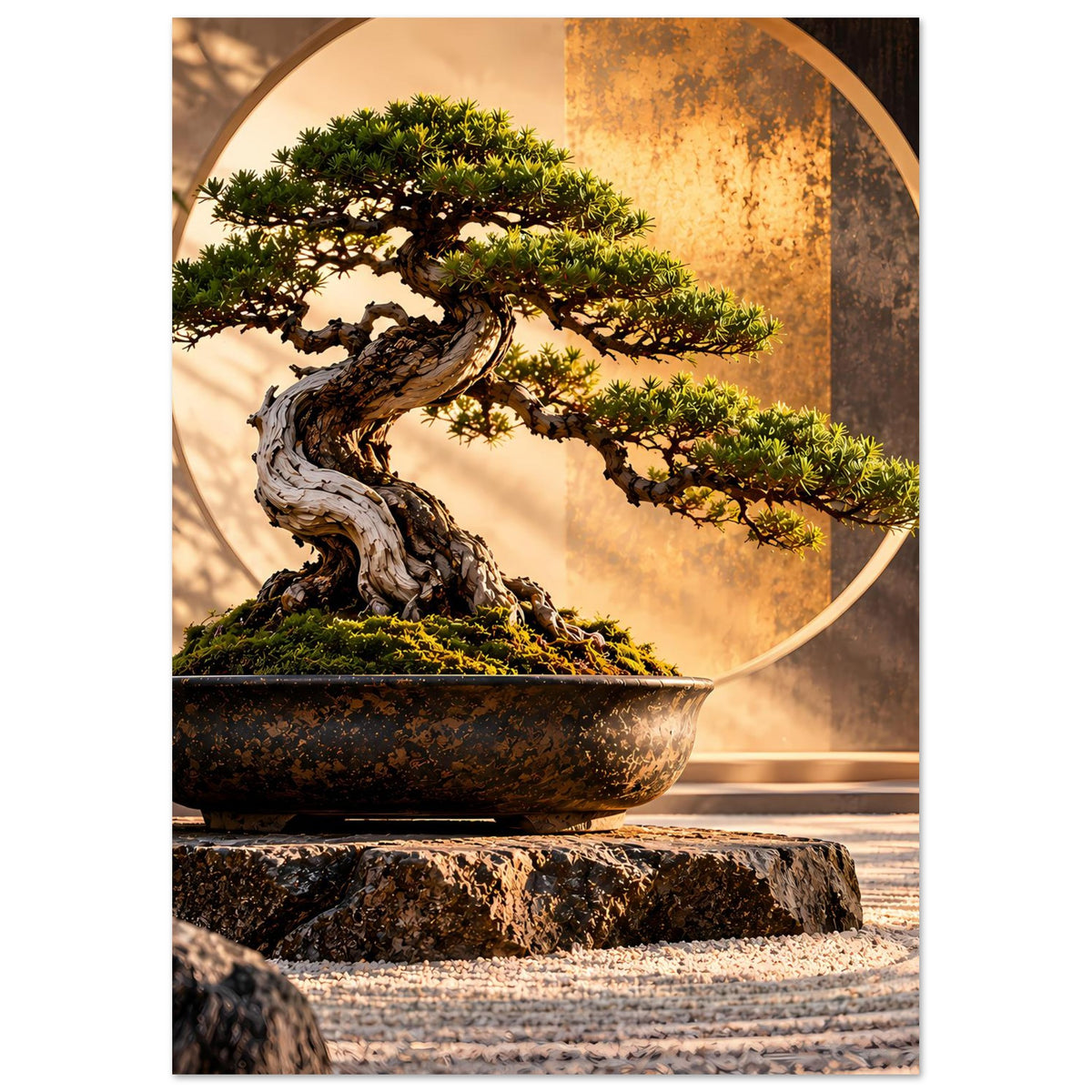 Bonsai-Garten-Poster mit sichtbarer Baumkrone, dunkler Bonsaischale und goldenem Kreis