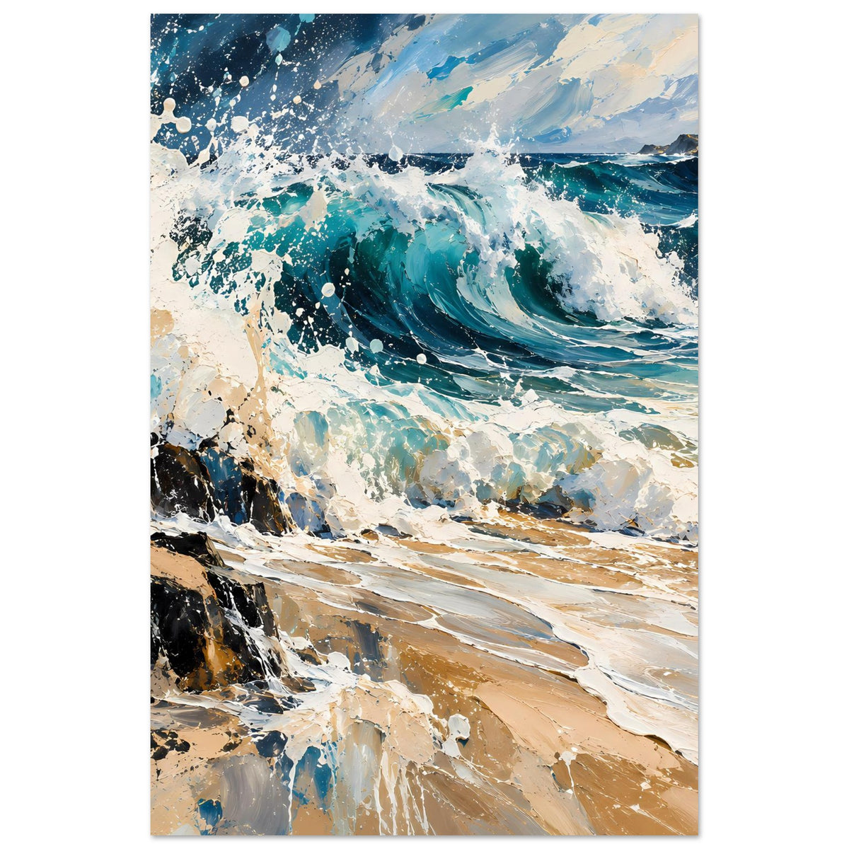 Wellenkunst-Poster im Hochformat mit türkisblauer Brandung, weißem Schaum und beigem Strand