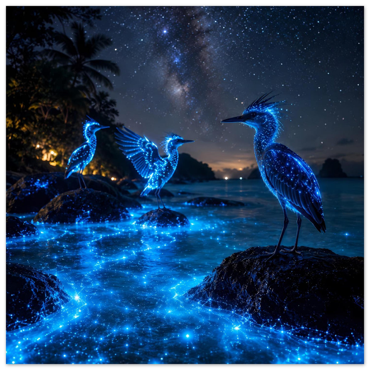 Poster: leuchtend blaue Nachtvögel, funkelnde Lichtspuren über dem Wasser