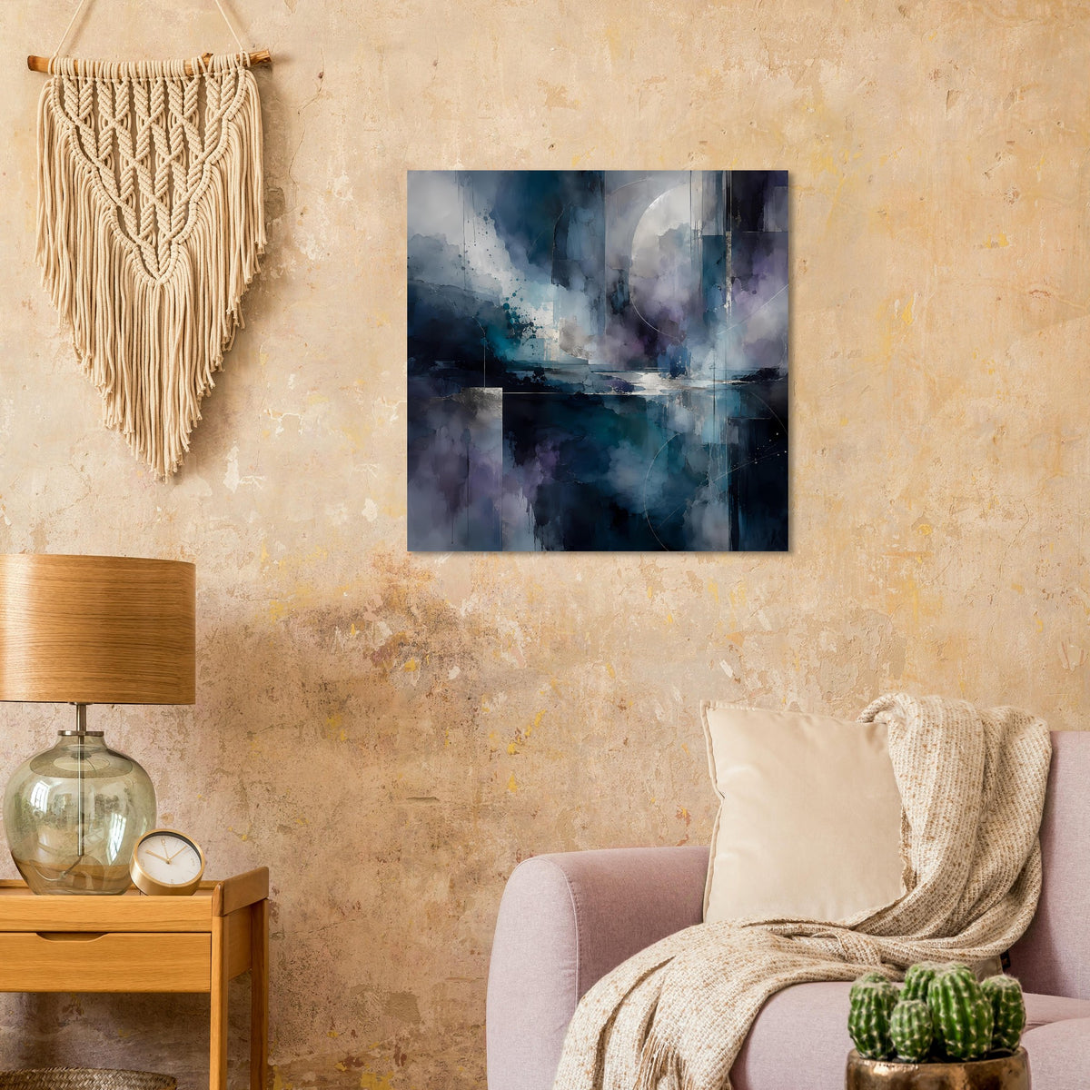 Abstraktes Kunstposter mit kräftigen Blau- und Lila-Flächen und weichen Wolkenmustern
