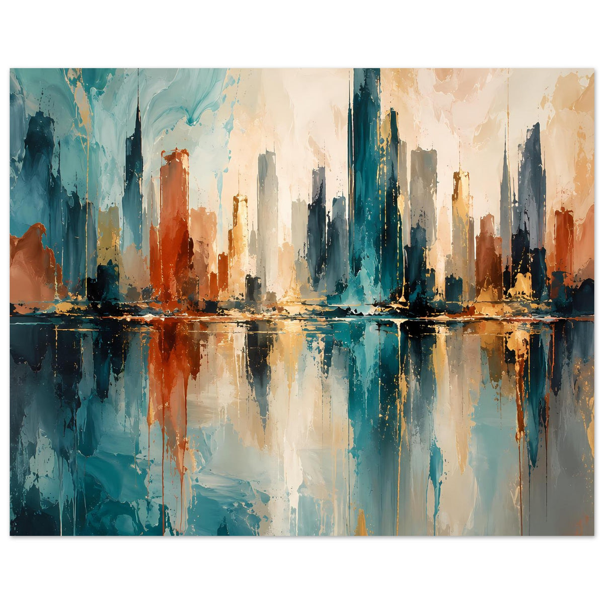 Abstraktes Skyline-Poster mit Spiegelung, breite Ansicht in Blau, Gold und Rost