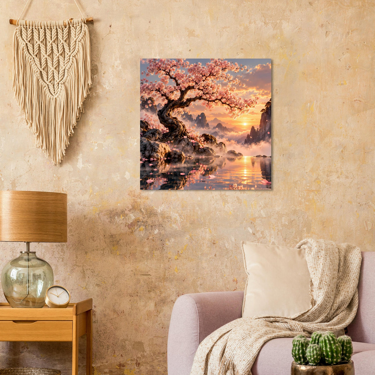 Quadratisches Poster: Kirschblütenbaum bei Sonnenuntergang über ruhigem Gewässer