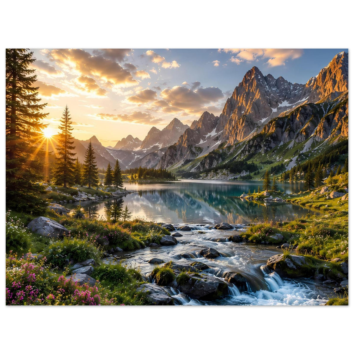 Horizontales Poster mit Sonnenaufgang, reflektierendem See, Bach über Steine und Alpengebirge