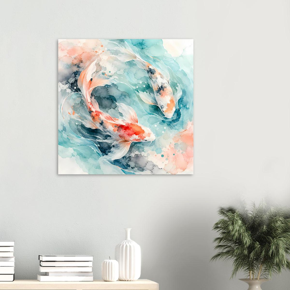 Kleinformatiges Poster mit Koi-Fisch im Aquarell, türkis, orange und graue Farbfelder