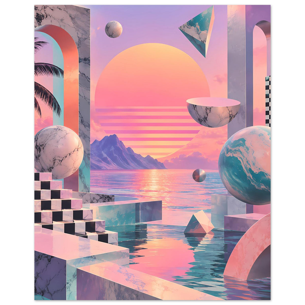 Landschafts-Poster mit großer orangefarbener Sonne, Wasserhorizont, schwebenden Planeten und Rauten