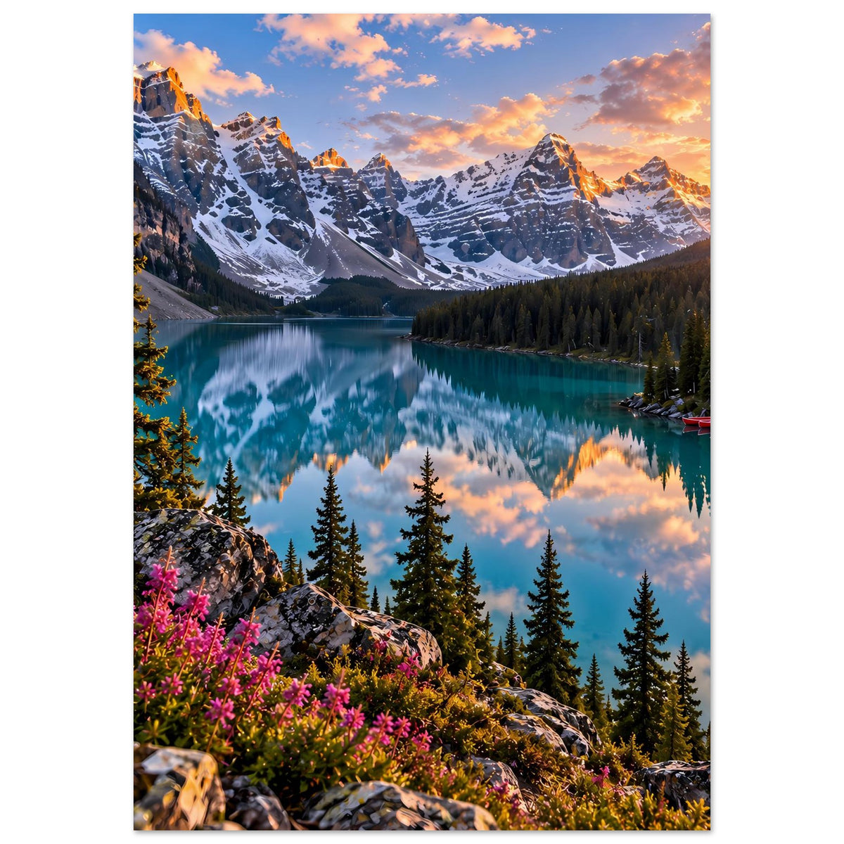 Poster Bergsee bei Sonnenuntergang, Alpenfelsen, türkisfarbenes Wasser und Tannen