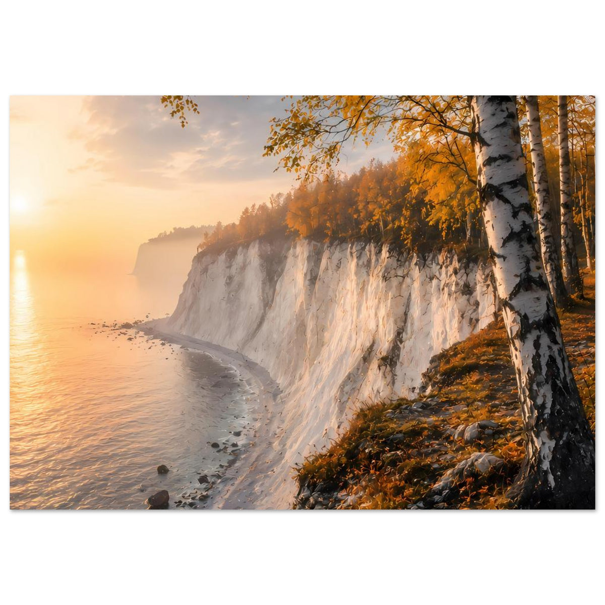 Poster Steilküste am Wasser mit Birkenstämmen rechts, orangeem Herbstlaub und ruhiger Küstenbucht