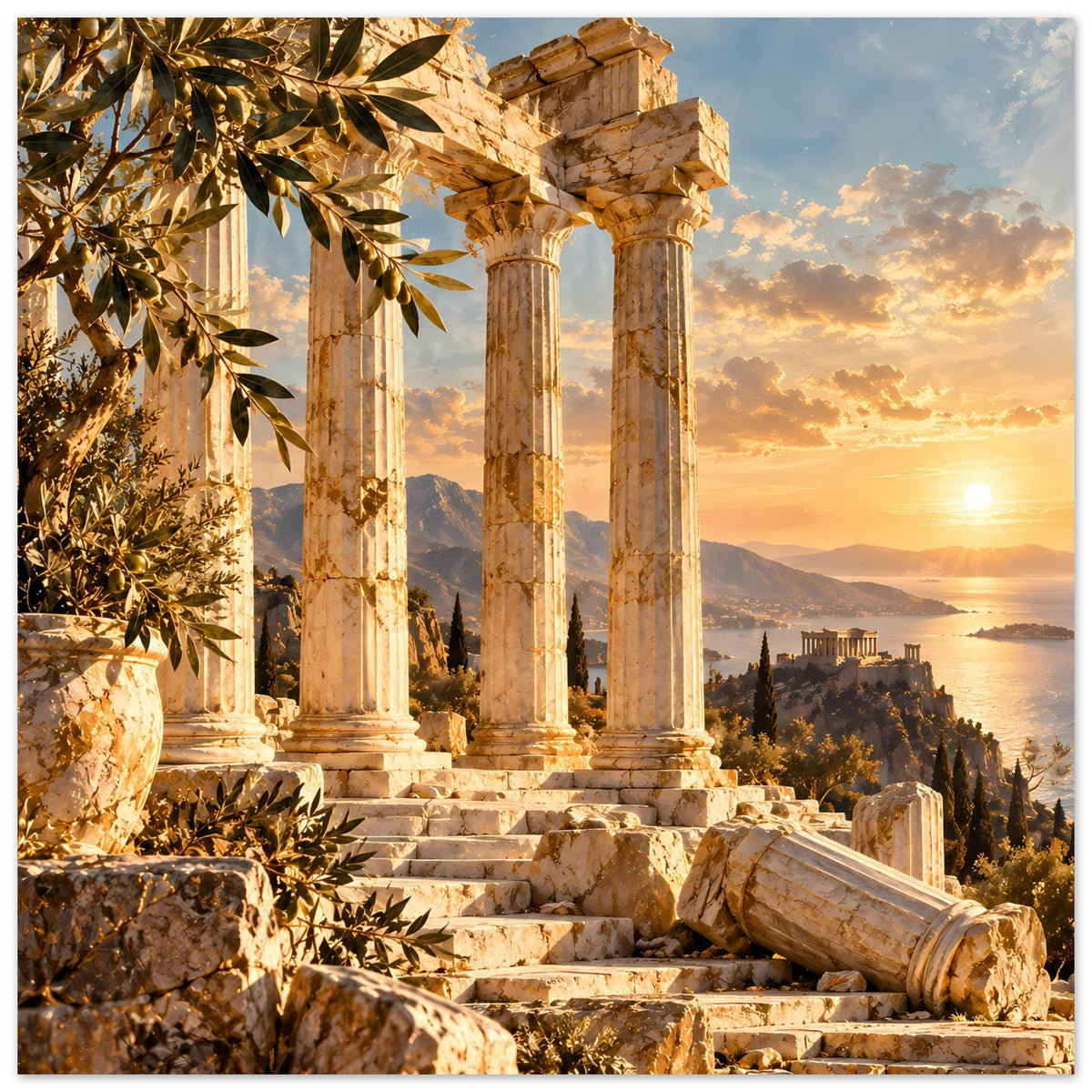 Poster mit antiken Säulenruinen aus Stein, beschädigten Blöcken und goldenem Abendlicht