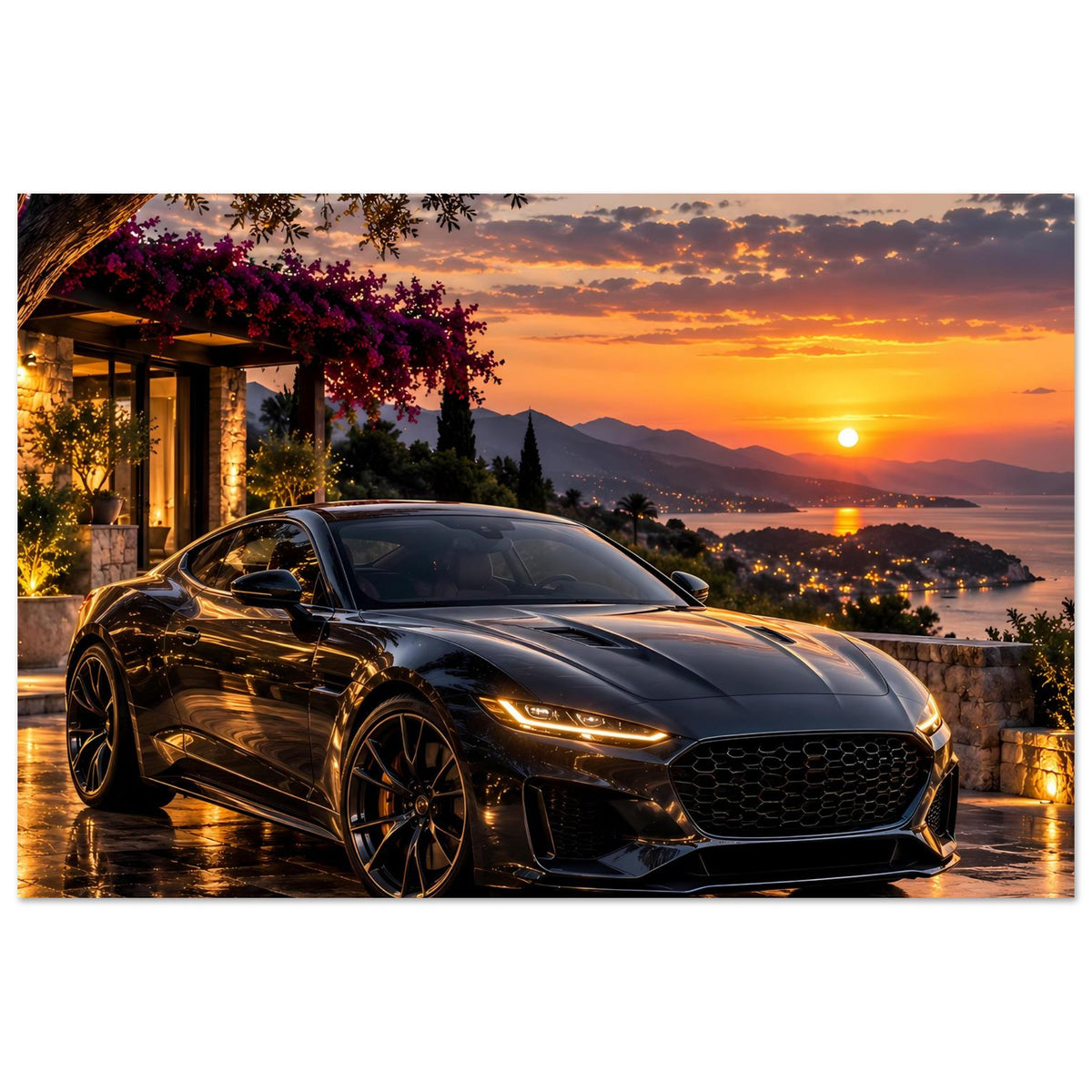 Poster mit Sportwagen vor Sonnenuntergang im Querformat