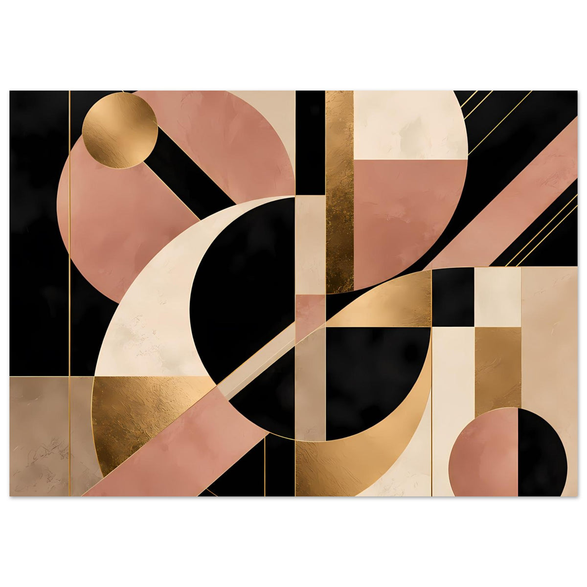 Abstraktes Art-Deco-Poster: große Kreise, Streifen und Golddetails in Schwarz, Blush und Creme.
