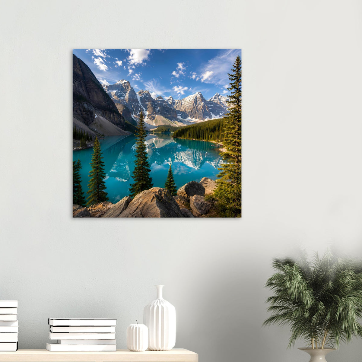 Kleines quadratisches Wandposter: türkisfarbener Bergsee mit Nadelbäumen und Alpenbergen