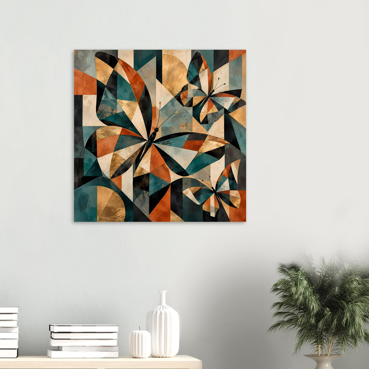 Gerahmtes Kunstposter mit geometrischen Schmetterlingen in warmen Erdtönen, teils türkis und orange