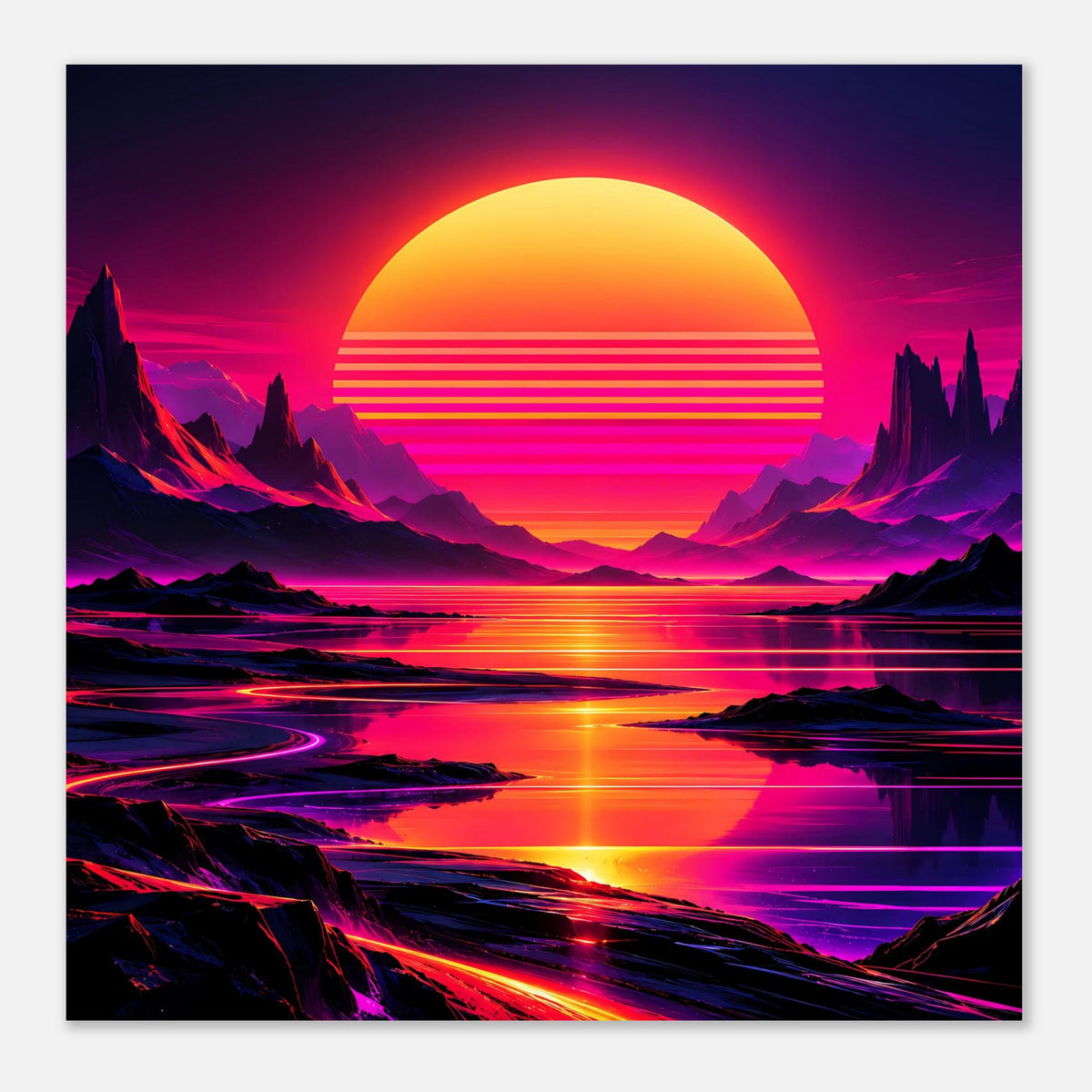 Neon-Poster im Quadratformat: retro Sonnenuntergang über Bergen und Wasser, starke Neonfarben