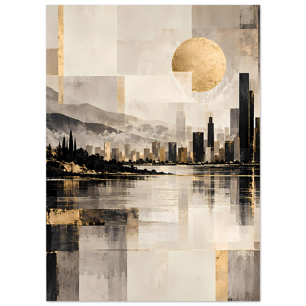 Hochformat-Cityscape-Poster mit goldener Kreisform, Skyline und Spiegelung am Ufer