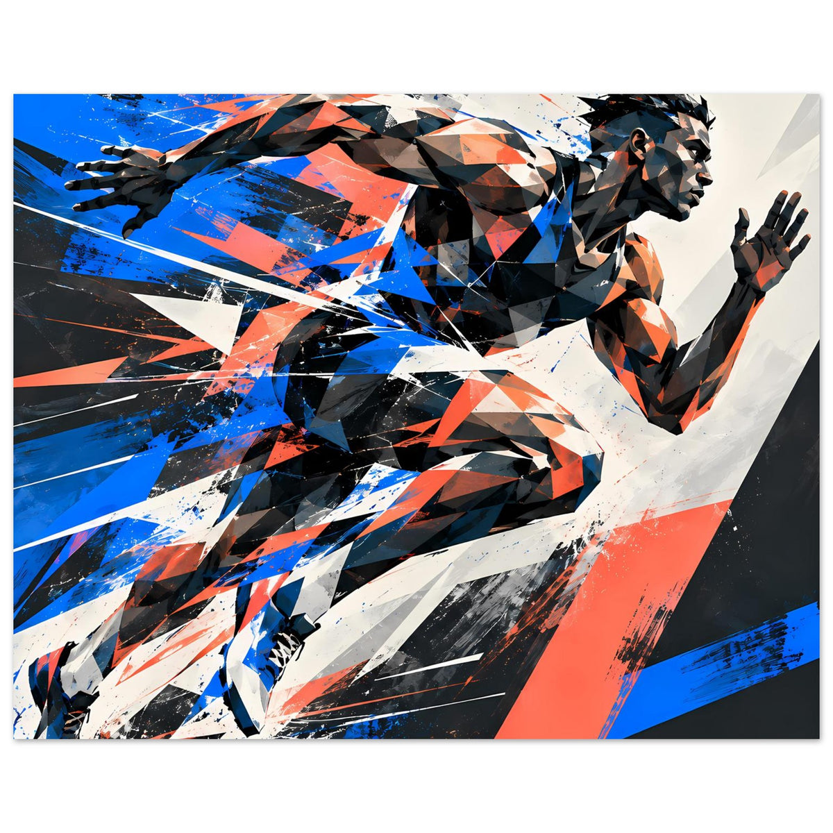 Dynamisches Poster: abstrakter Sportler in Blau, Orange, Weiß und Schwarz mit Schraffuren