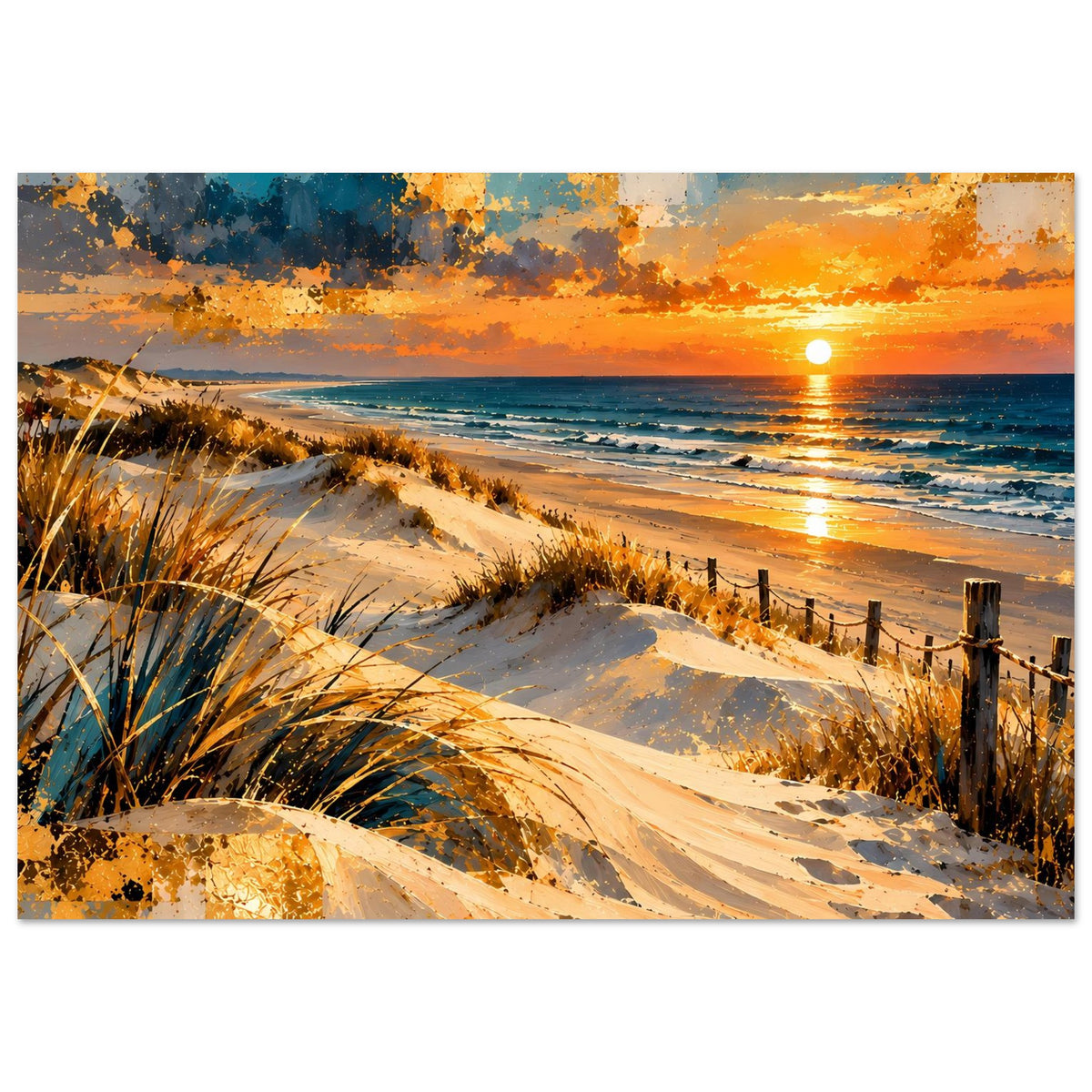 Querformat-Strandposter mit Sonnenuntergang, Dünen, Steg und Wellen am Ufer