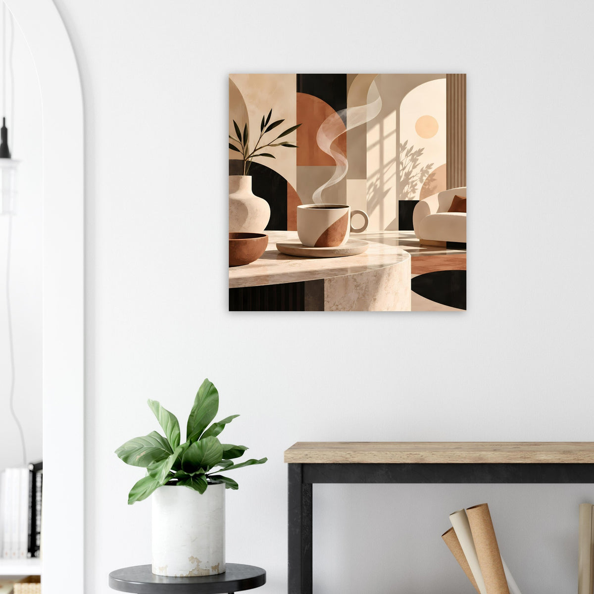Wandposter mit warmen Erdtönen: Tasse, Vase und Pflanzenblatt-Details