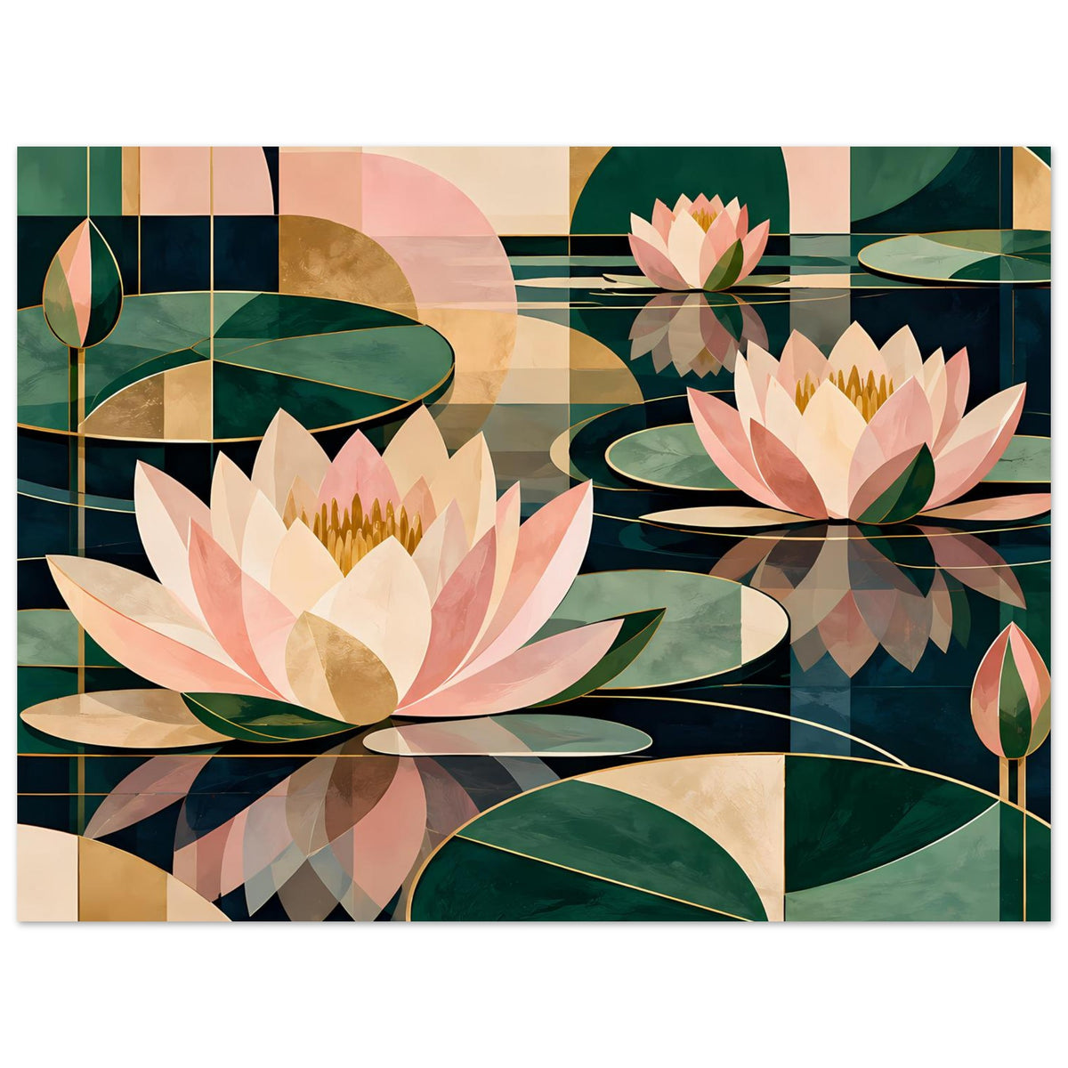 Lotus-Grafik-Poster mit rosa und grünen Seerosen, horizontal