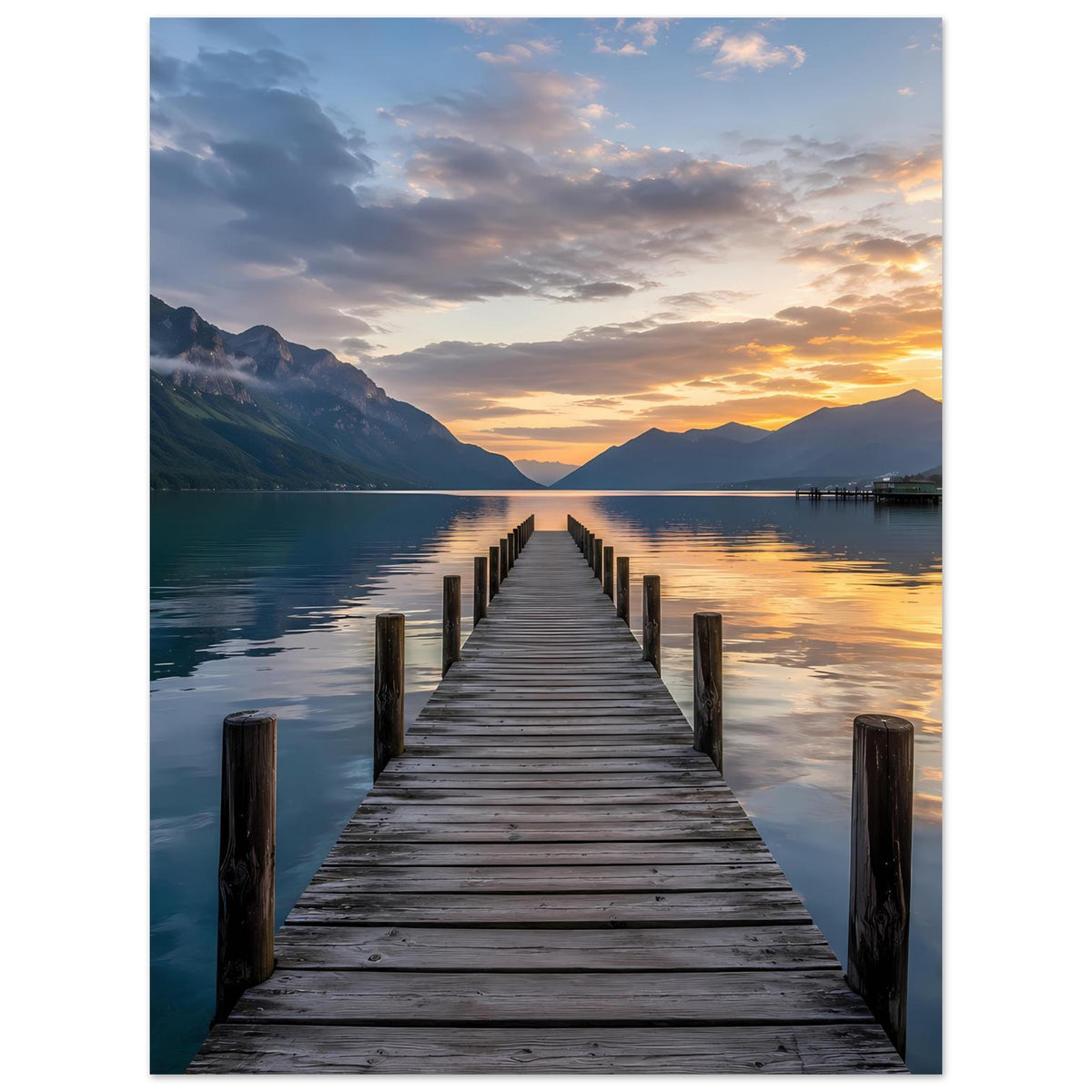 Poster im Hochformat mit Steg im See bei Sonnenuntergang, Gebirge und Spiegelungen im Wasser