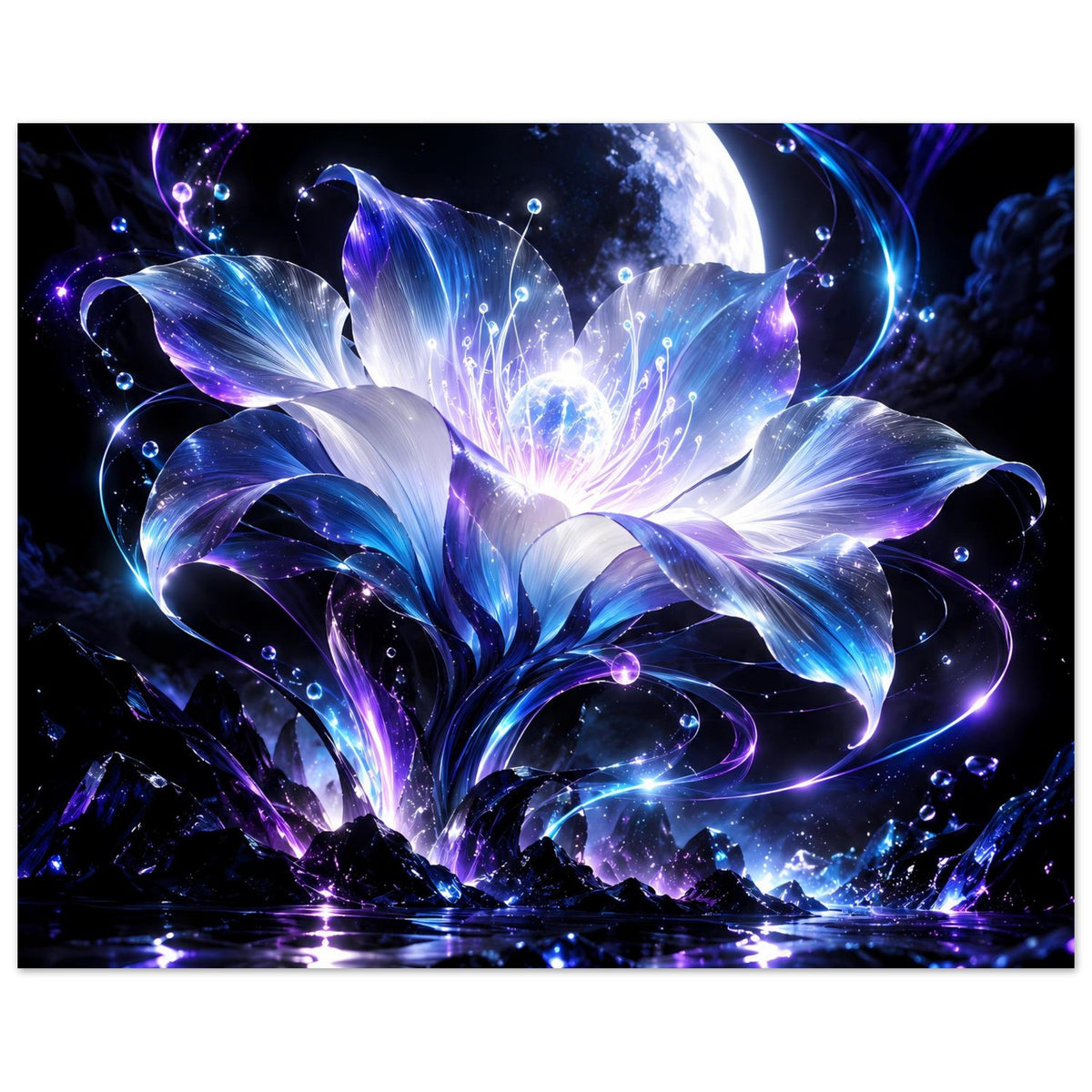 Horizontales Poster mit Mondsichel und leuchtenden Blüten in Blau und Violett