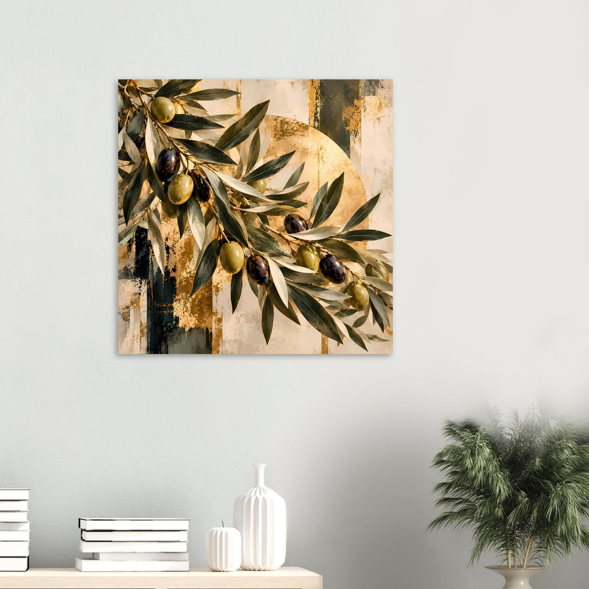 Kunstposter mit Olivenzweigen und Oliven in Grün, Gold und Dunkelbraun, dekorativ