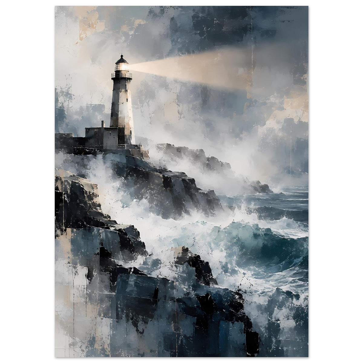Maritimes Poster mit Leuchtturm und rauer See, abstrakte Textur in Blau und Grau
