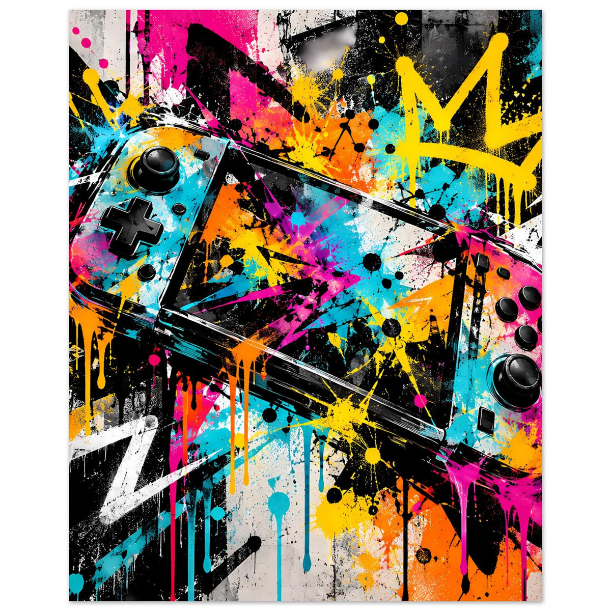 Gaming-Poster mit buntem Graffiti, Controller links und rechts, auf mattem Papier
