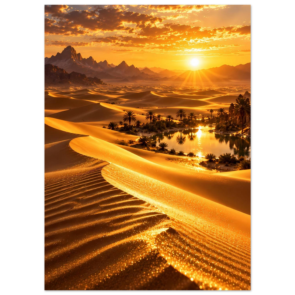 Wüstenlandschaft-Poster: Weite Dünen mit Oase und Palmen, goldene Sonne am Horizont (Hochformat)