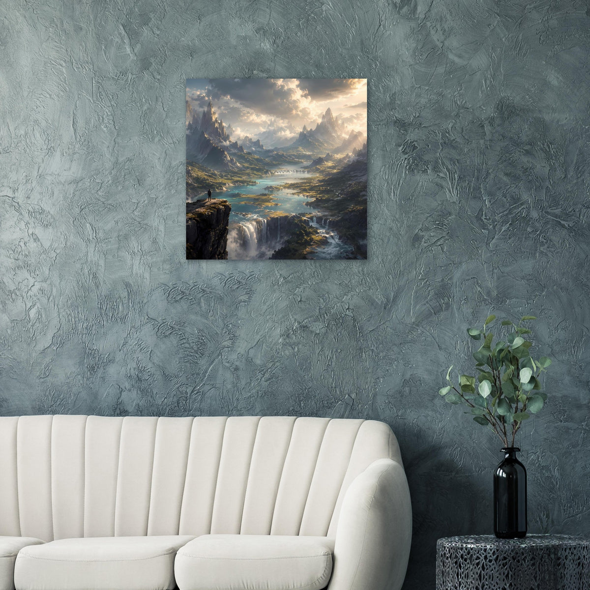 Quadratisches Poster mit Berglandschaft, Wasserfall und Fluss, Sonnenaufgangs-Wolken, schwarzer Rahmen