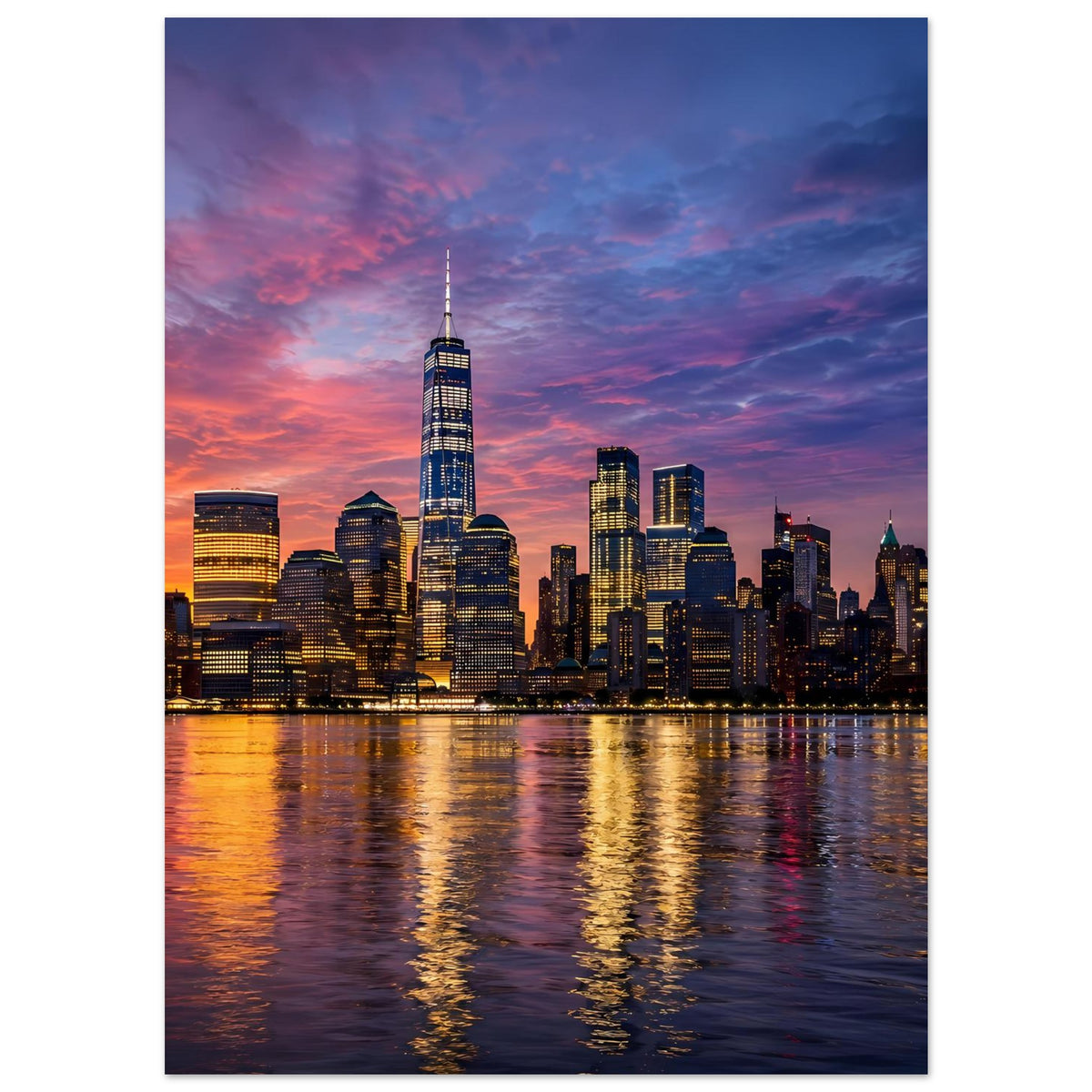 Stadtposter mit New-York-Skyline bei Dämmerung, orange-blaue Wolken, Wasserreflexionen