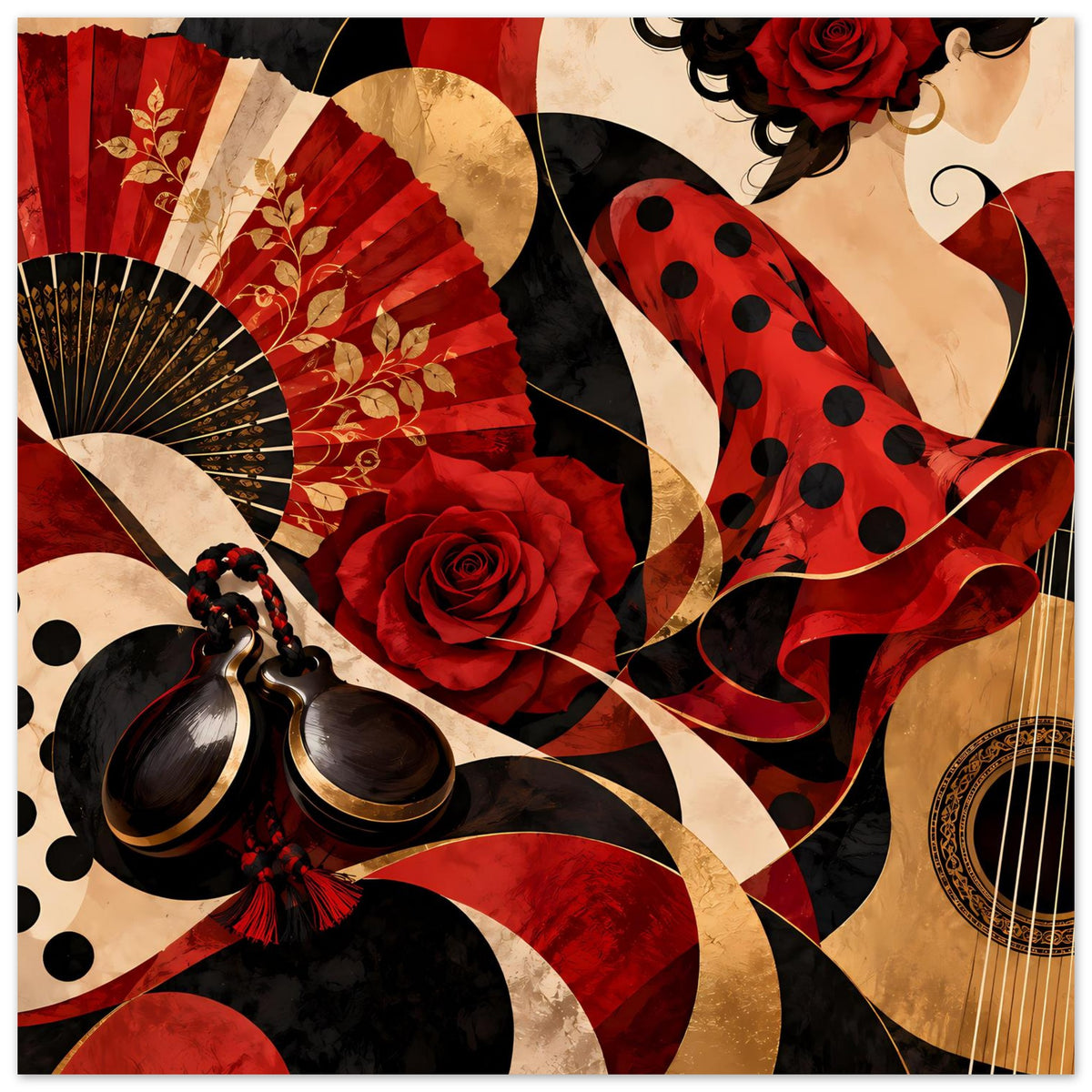 Flamenco-Poster mit Fächer, roter Rose, Trompete und gepunktetem Kleid-Design