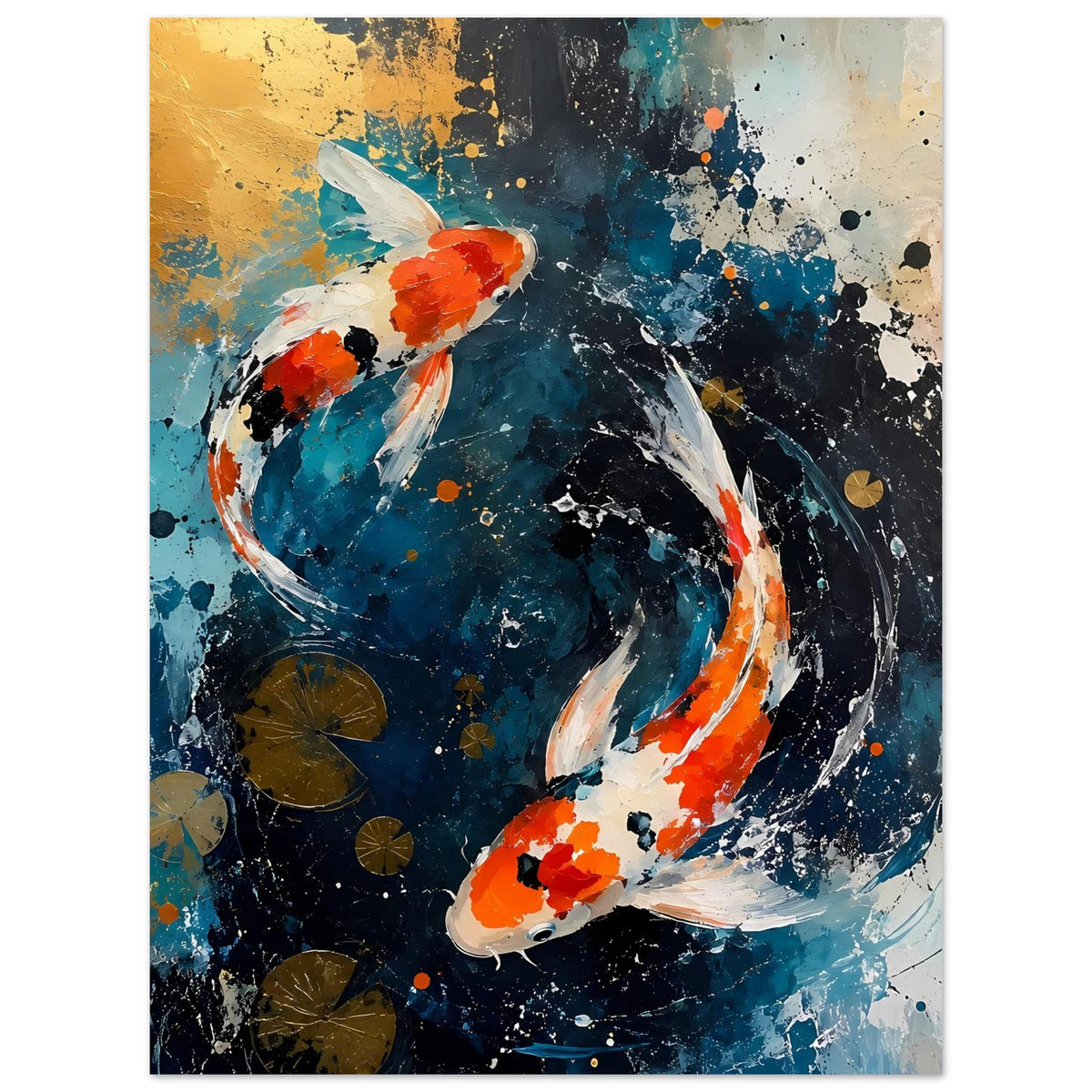Poster mit zwei Koi in Blau und Orange, abstrakter Wasserwirbel mit weißen Akzenten