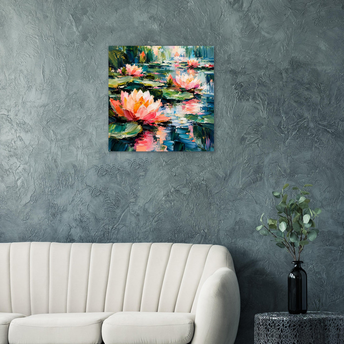 Quadratisches Seerosen-Poster mit kräftigen Farben in Blau, Grün und Rosa