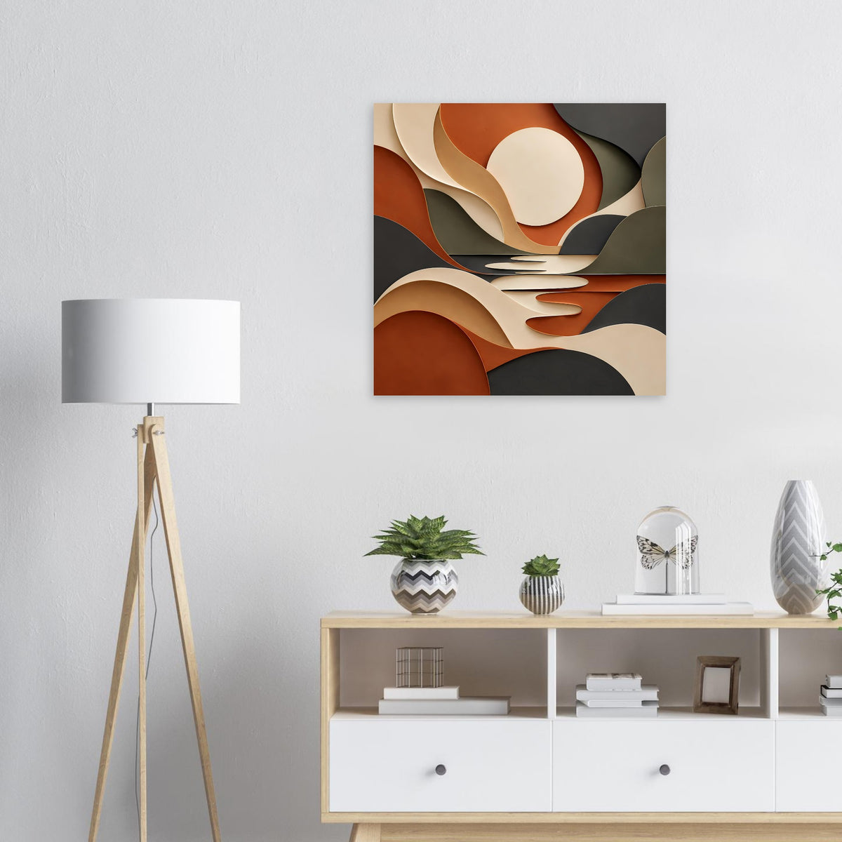 Quadratisches Kunstposter: abstrakte Wellenformen in Terrakotta, Salbeigrün und Creme
