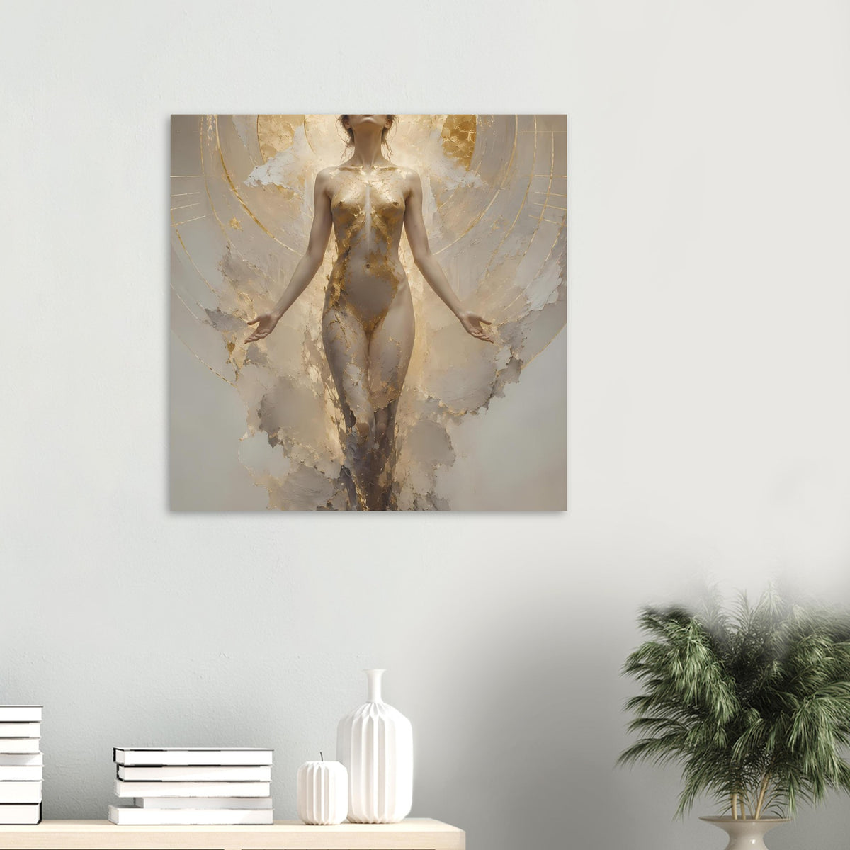 Poster: weibliche Figur schwebt in Creme- und Goldtönen, mit hellen Schwingen