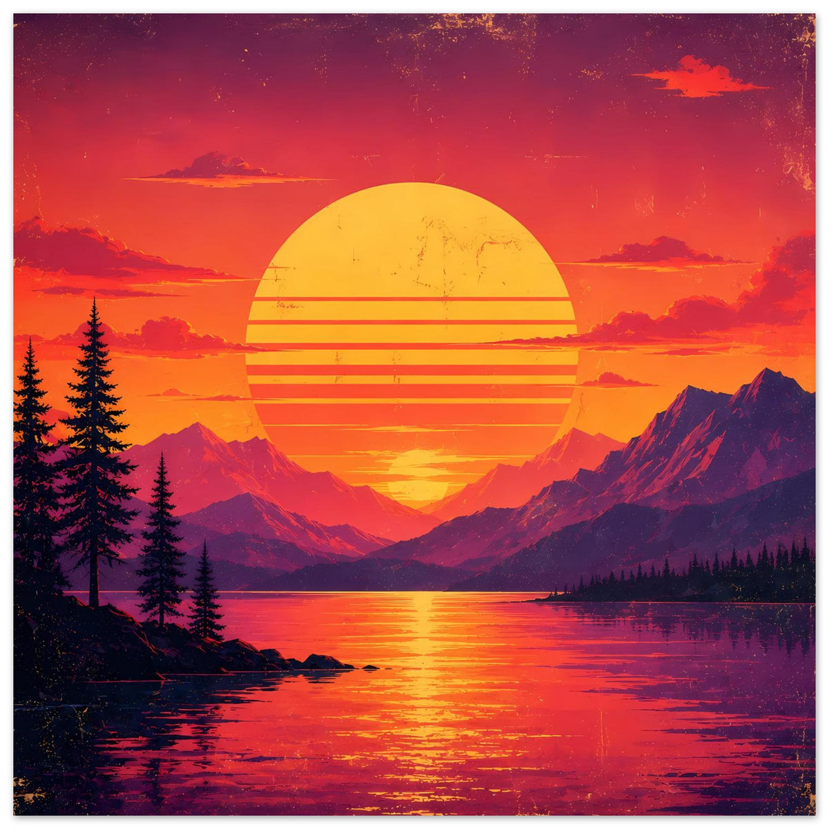 Poster mit Retro-Sonnenuntergang: gelbe Sonne, Berglandschaft, Tannenwald und Wasserspiegel