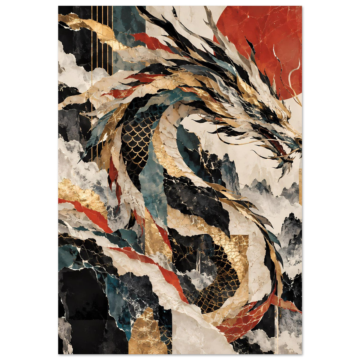 Vertikales Poster mit abstraktem Drachen, wirbelnden Formen in Gold-, Rot- und Blautönen