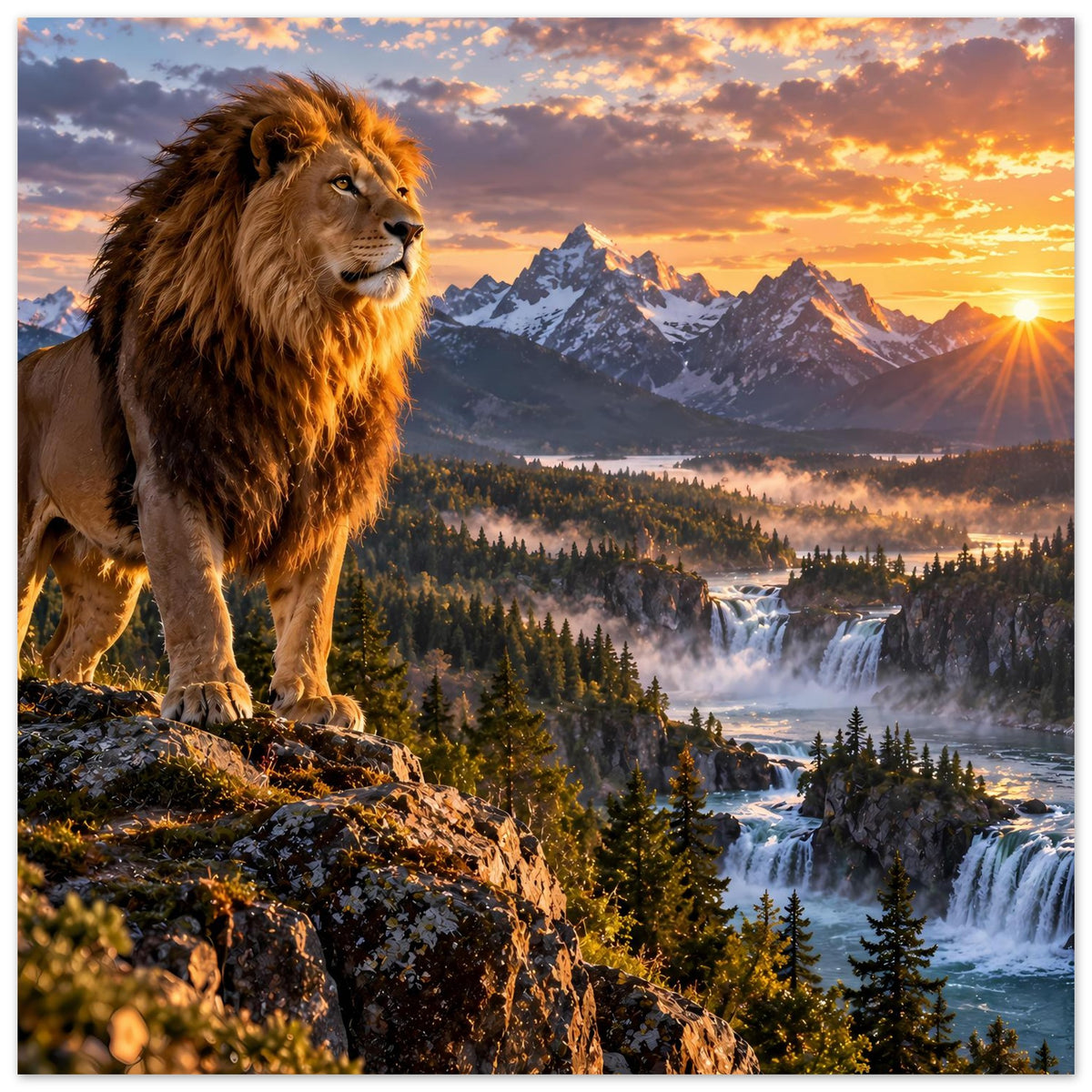 Löwenmotiv Poster im Hochformat: Löwe auf Felsvorsprung, Sonnenuntergang über Bergwiese