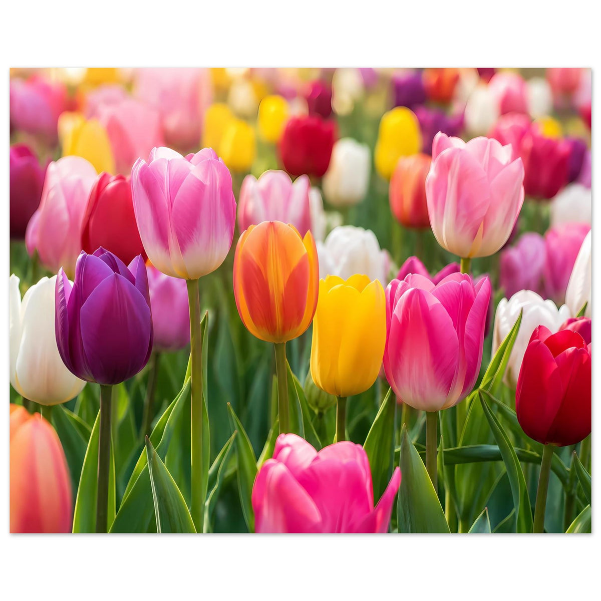 Tulpen-Gartenposter im Querformat mit rosa, gelben und violetten Tulpenblüten