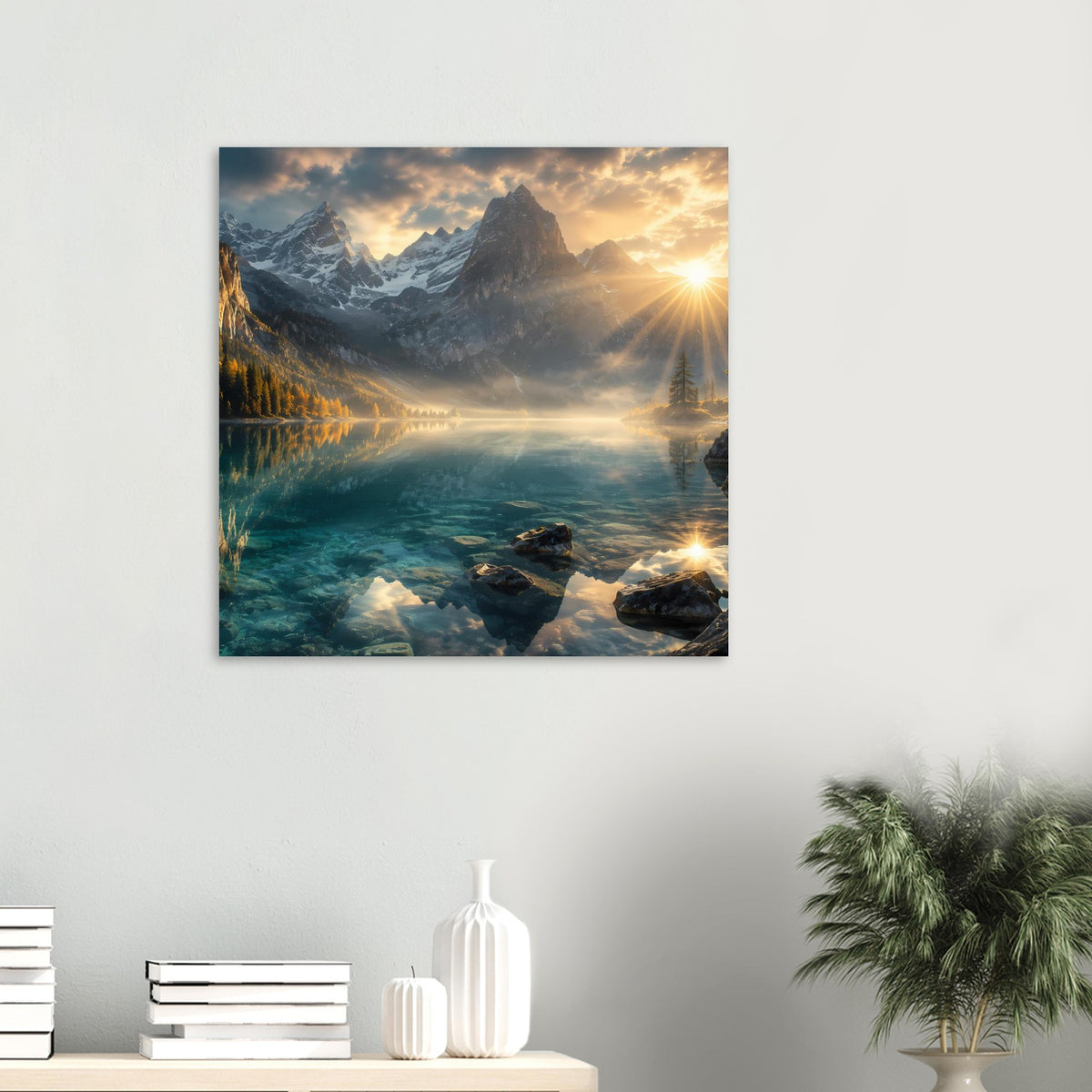 Quadratisches Poster mit Bergsee und warmem Sonnenaufgang, gerahmt an heller Wand