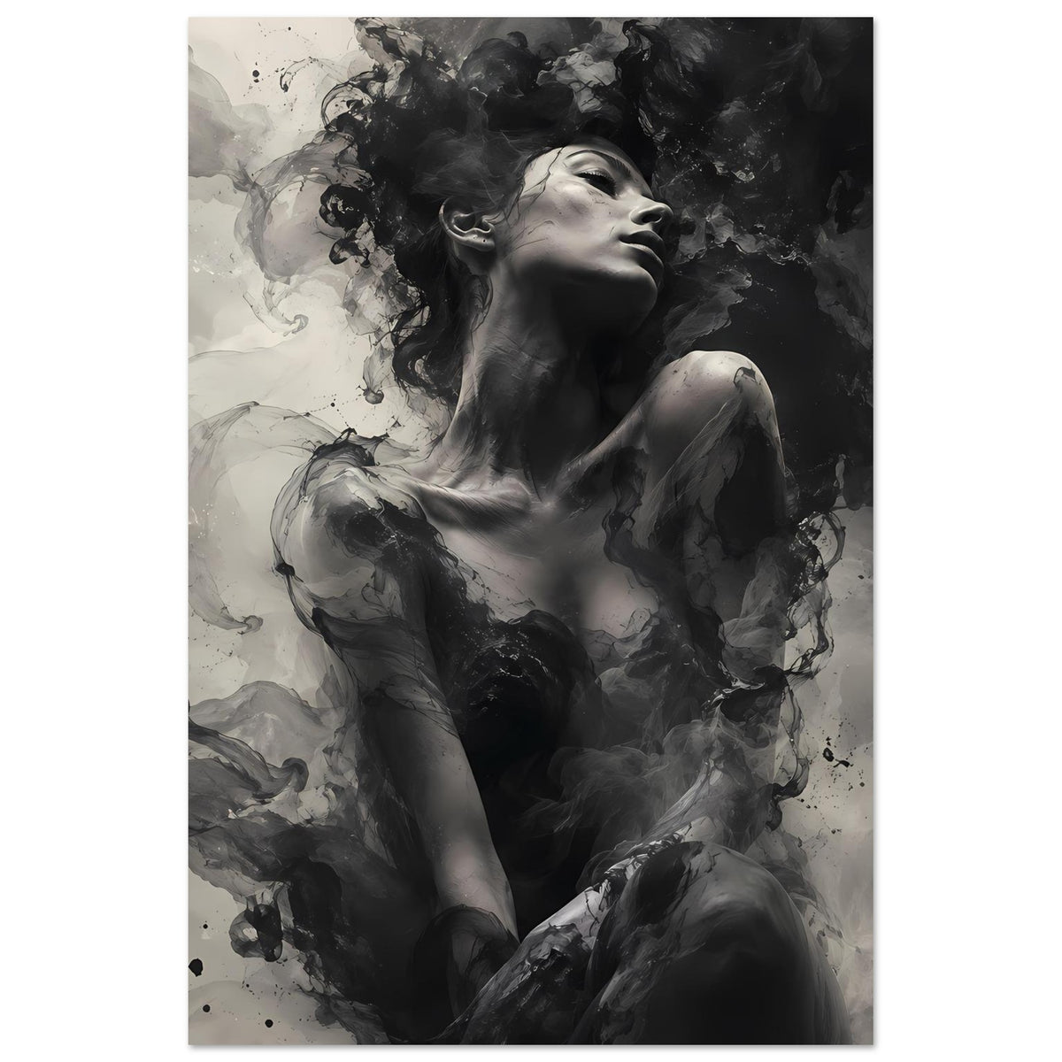 Monochromes Kunstposter mit Porträt einer Frau, nach oben blickend, mit Rauchnebeln