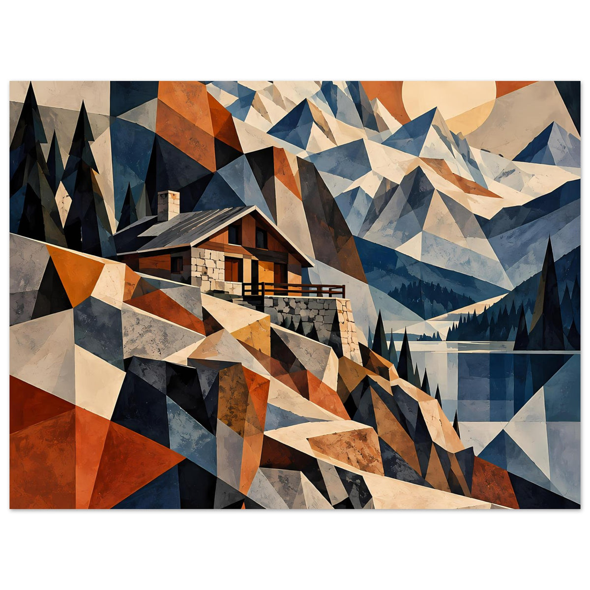 Poster mit geometrischer Berglandschaft: Haus, Berge und Schneeflächen in Blau, Beige und Rostrot