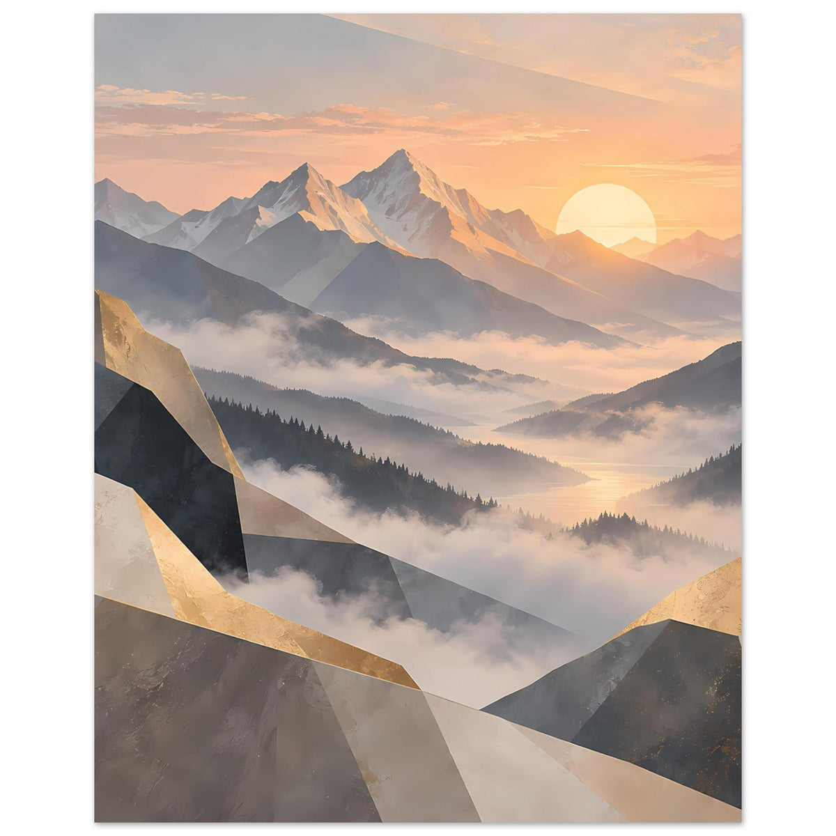 Hochformat-Poster mit Sonnenaufgang in den Bergen, goldene Linien, verschwommener Dunst