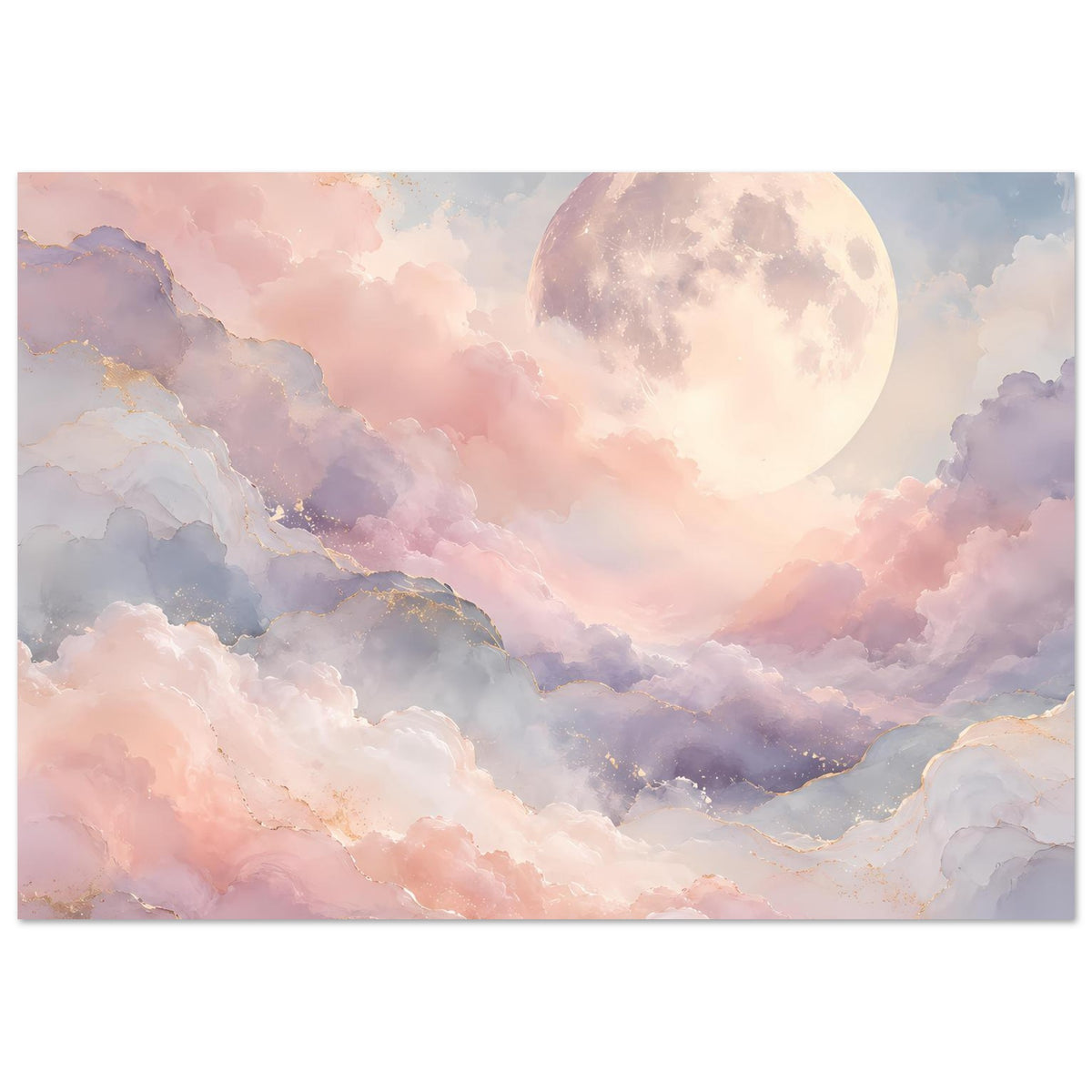 Querformat-Poster mit hellem Vollmond und wolkigen Landschaftsformen in Pastell