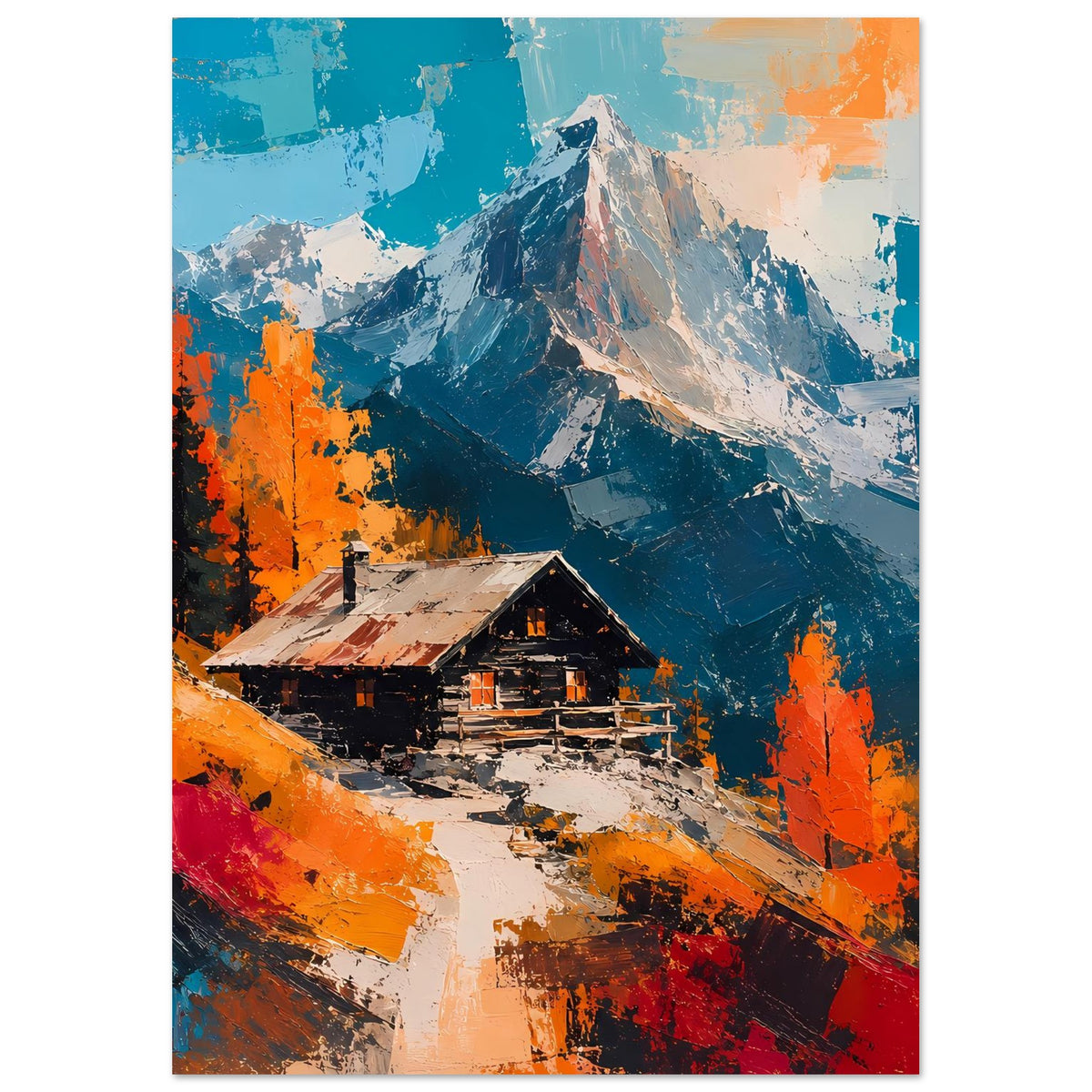 Vertikales Wandposter mit Berghütte, Schneeweg und Herbstbäumen in Orange-Blau