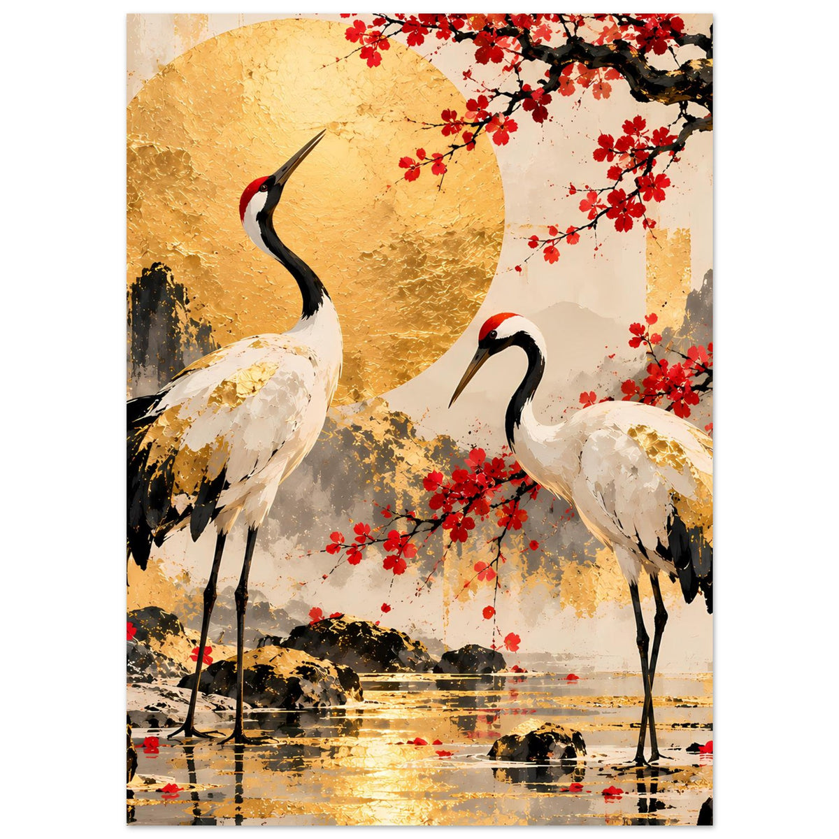 Poster mit Kranichenpaar, goldener Mondscheibe, roten Kirschblüten und dunklem Ufer