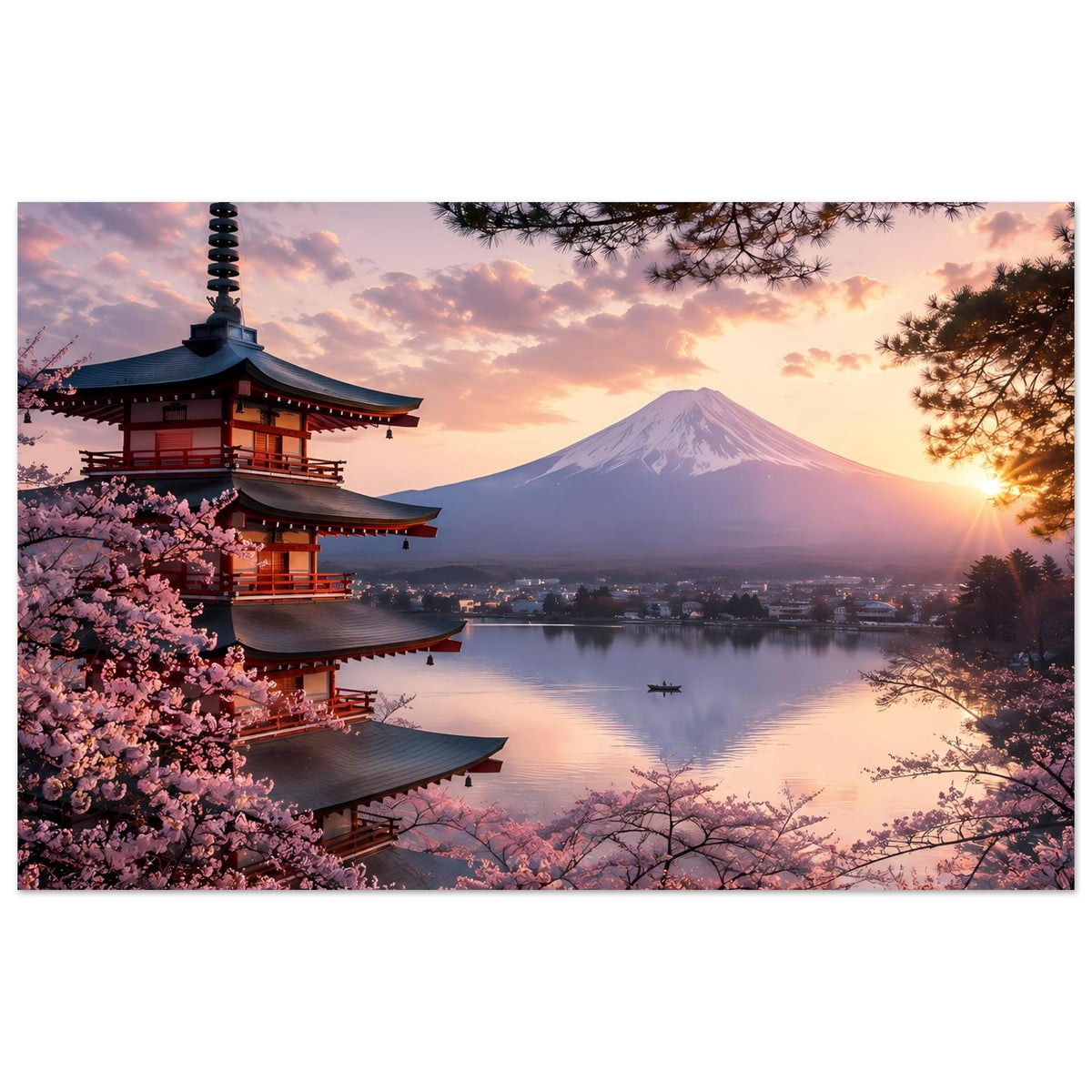 Horizontales Poster mit japanischer Pagode, Kirschblüten und Berg Fuji bei Sonnenuntergang
